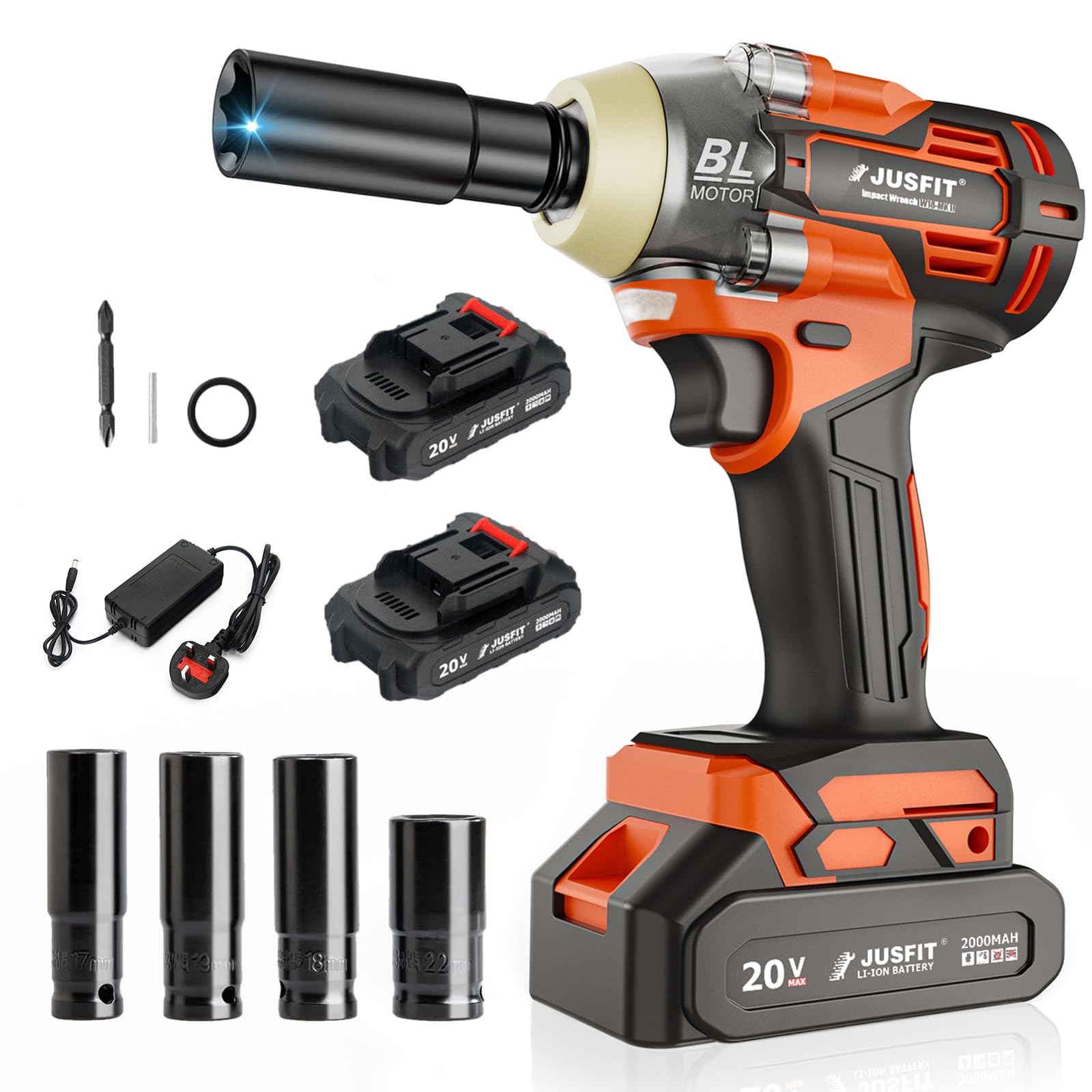 Roleader 1280W Brushless Cordless Impact Wrench, 1/2 Inch Impact Driver with Adjustable Torque, Max Torque 520N.m 2200 RPM Variable Speed, 2 * 2.0Ah Li-Ion Battery and 1 Hour Fast Charger