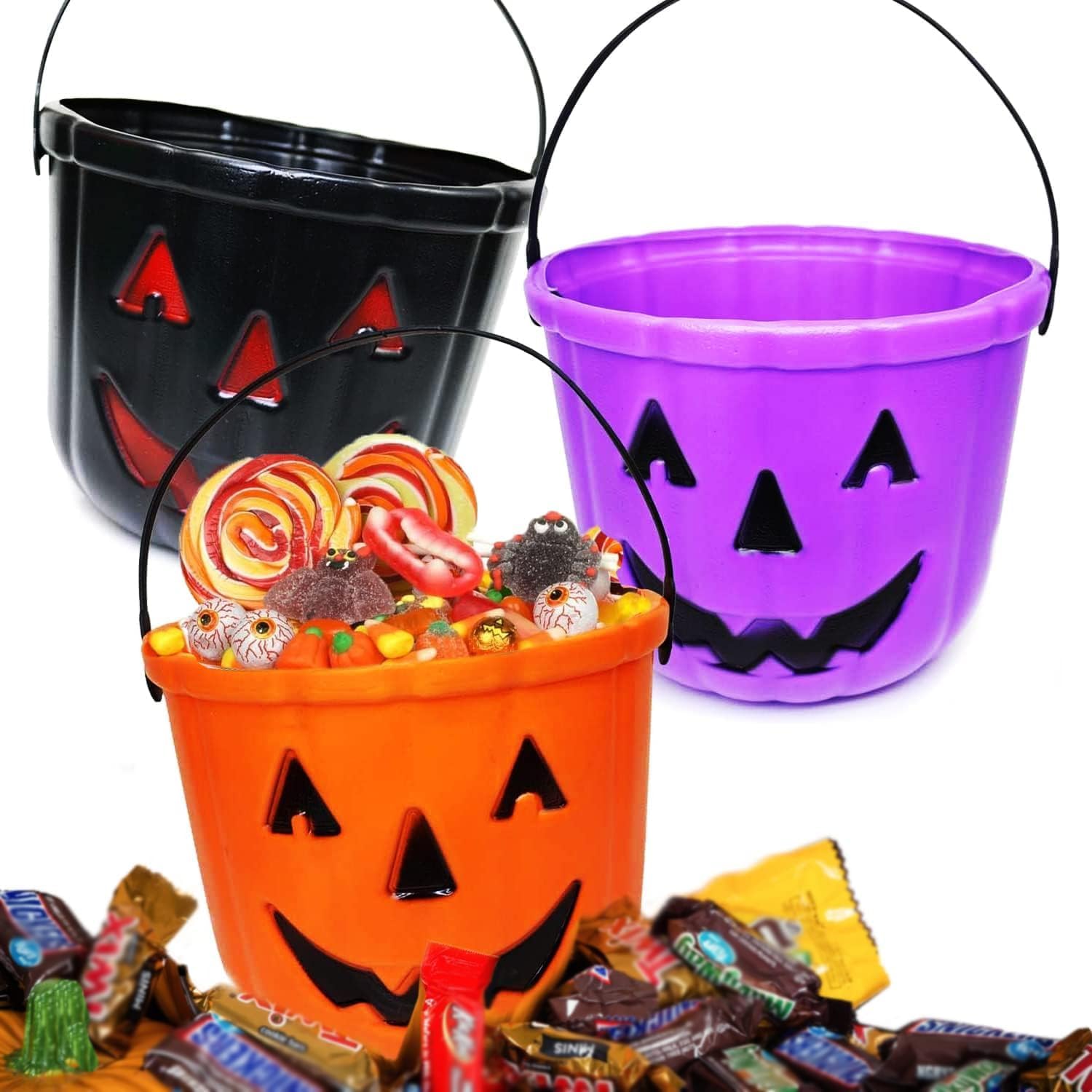 GIFTEXPRESS 3 Pcs 6" Halloween Trick or Treat Bucket, Halloween Jack O Lantern Candy Basket, Trick or Treat Pumpkin Pails Cauldron Kettle Candy Holder, Halloween Party Supplies - Image 1 of 7