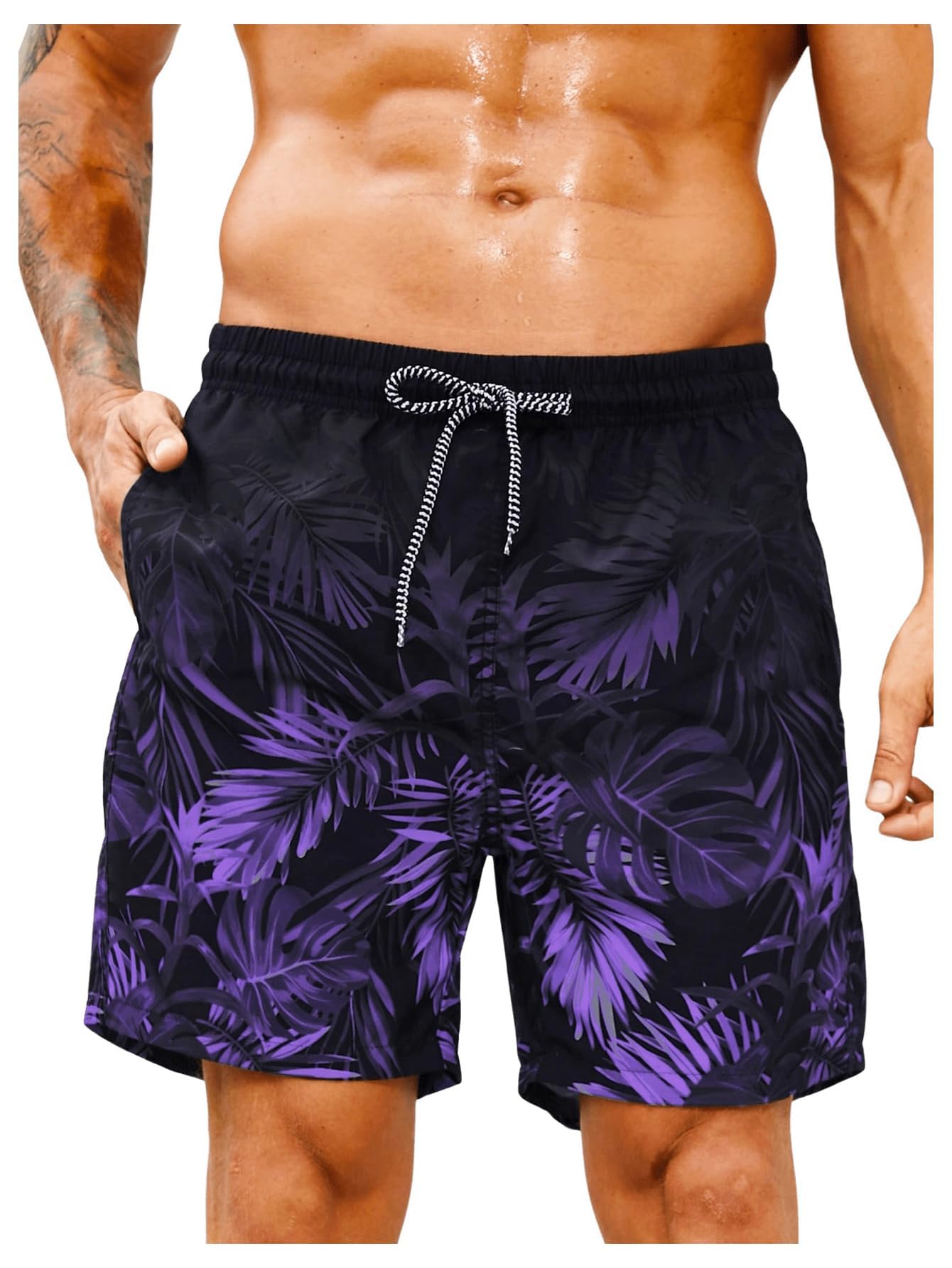 Verdusa Men's Drawstring Waist Swimwear Beach Shorts Swim Trunks with Pockets Black Purple X-Large