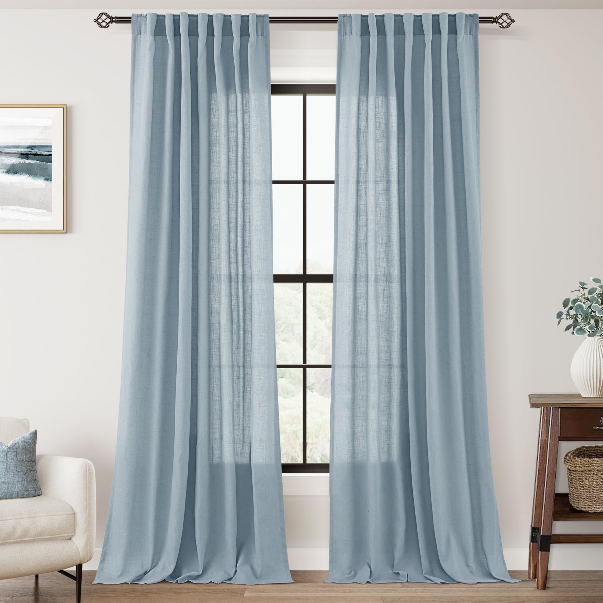 Dusty Blue Linen Curtains 84 inch Long for Living Room Back Tab Light Filtering Semi Sheer Light Blue Bedroom Curtains Linen Cotton Textured Grey Blue