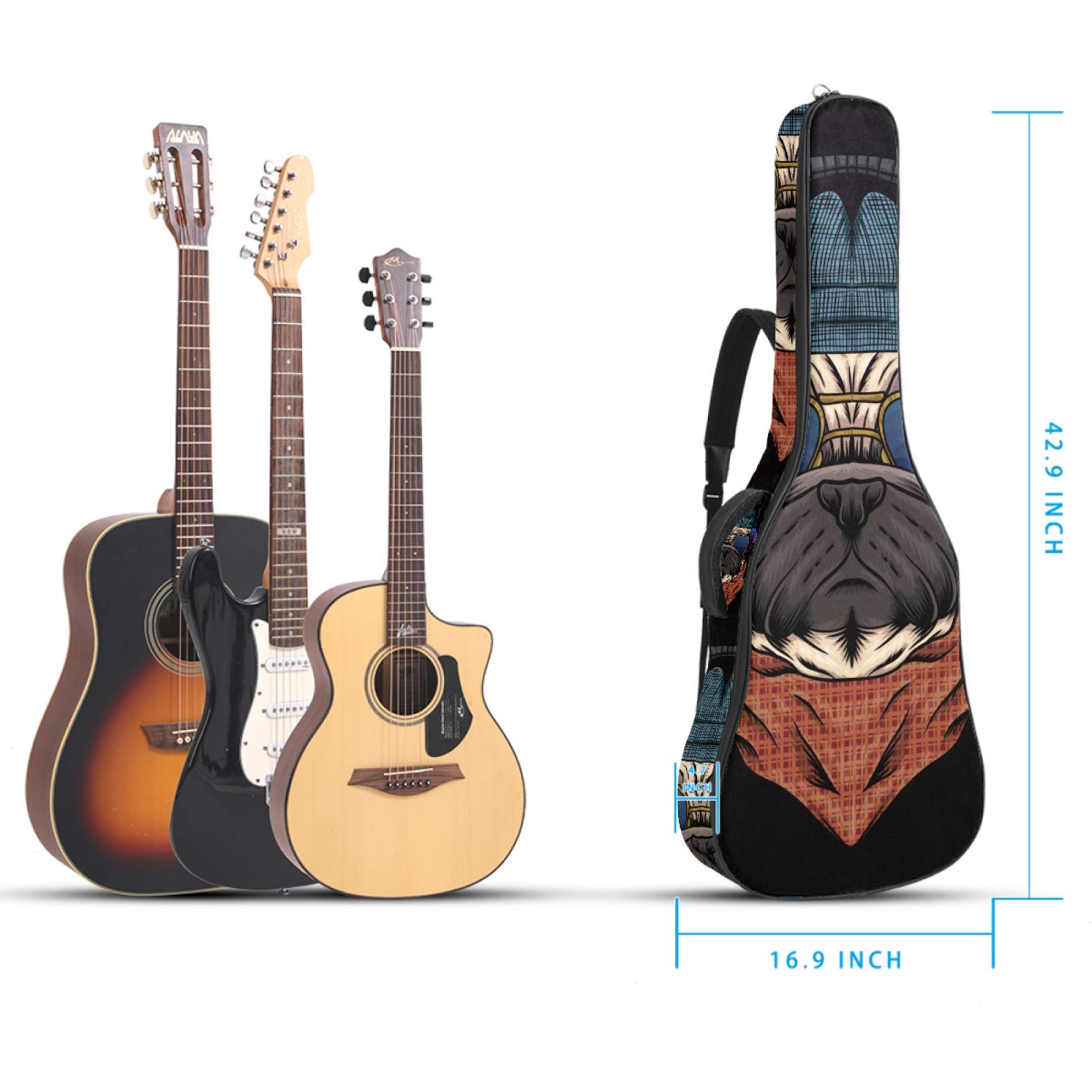 Borsa per chitarra impermeabile con cerniera morbida zaino per chitarra, chitarra acustica e classica folk chitarra elettrica carlino cane con cuffie occhiali cowboy