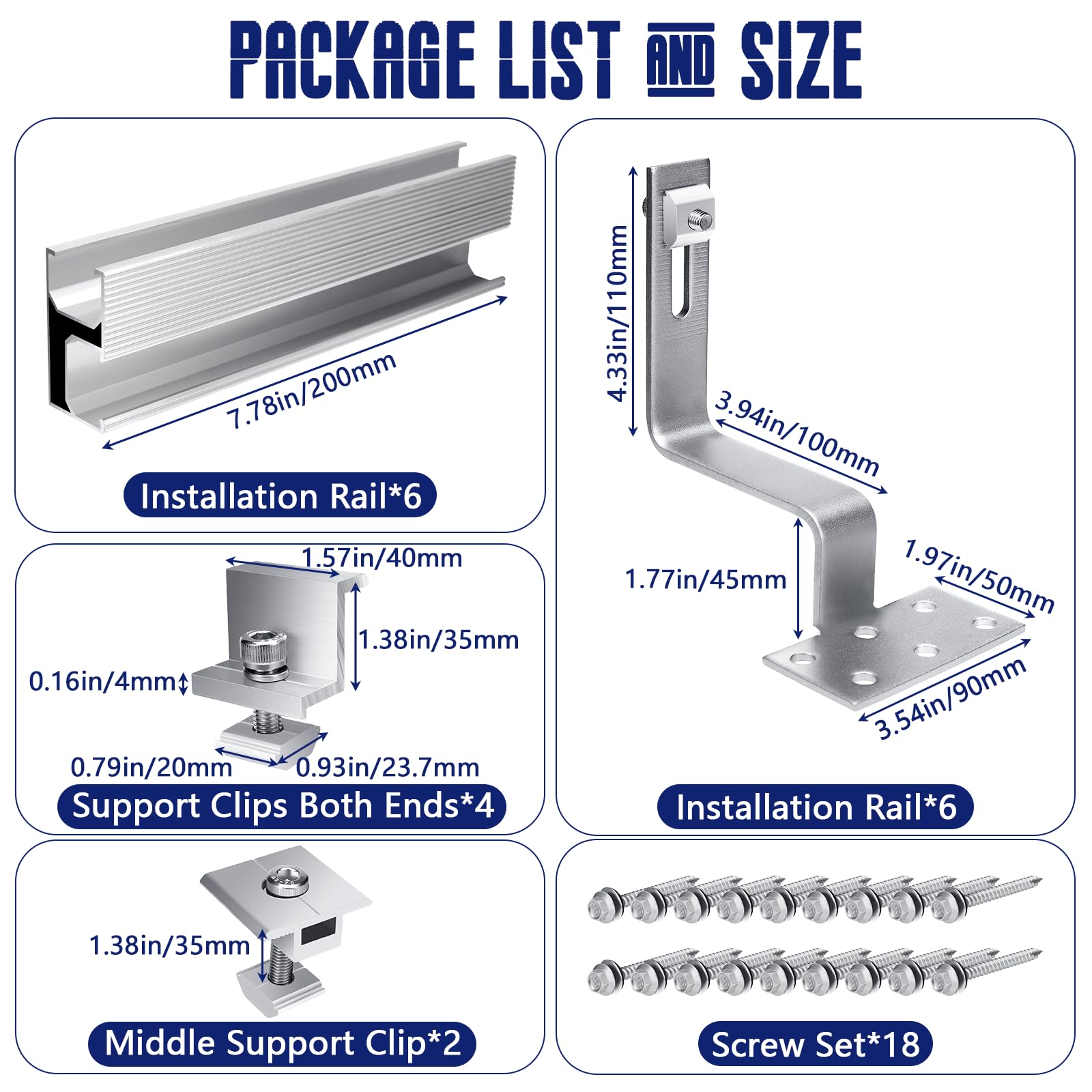 Kit Soporte Placas Solares, Soporte para Panel Solar 20cm×6 | Soporte de montaje · 6 rieles, 6 ganchos, 4 abrazaderas, 2 clips y tornillos · para techo, pared, barco y caravana