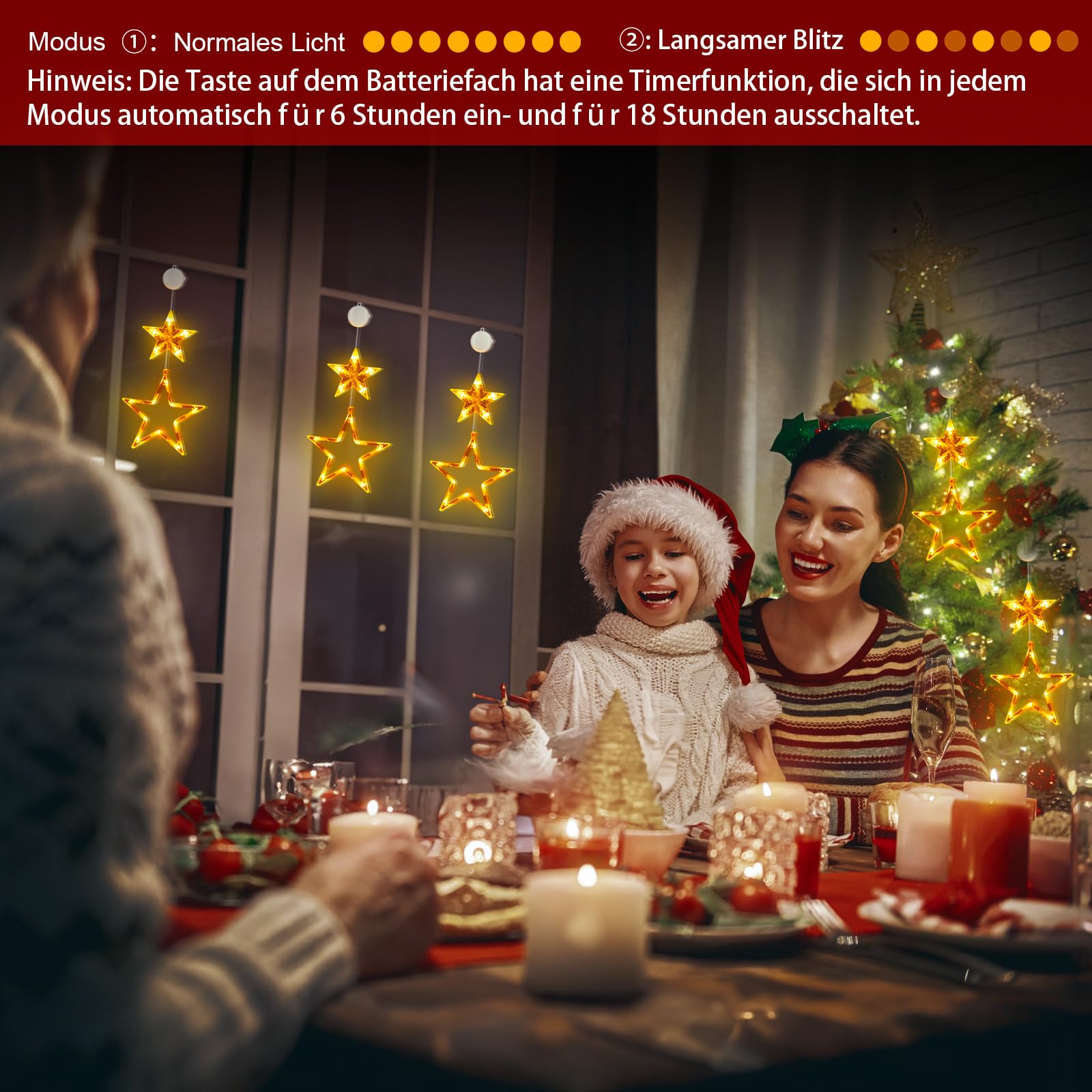 Świąteczne lampki LED w kształcie gwiazdek, 2 sztuki, 30 diod LED, dekoracja świąteczna na okno, do użytku wewnątrz, zasilane bateriami z timerem, 2 tryby, przyssawki, kurtyna świetlna