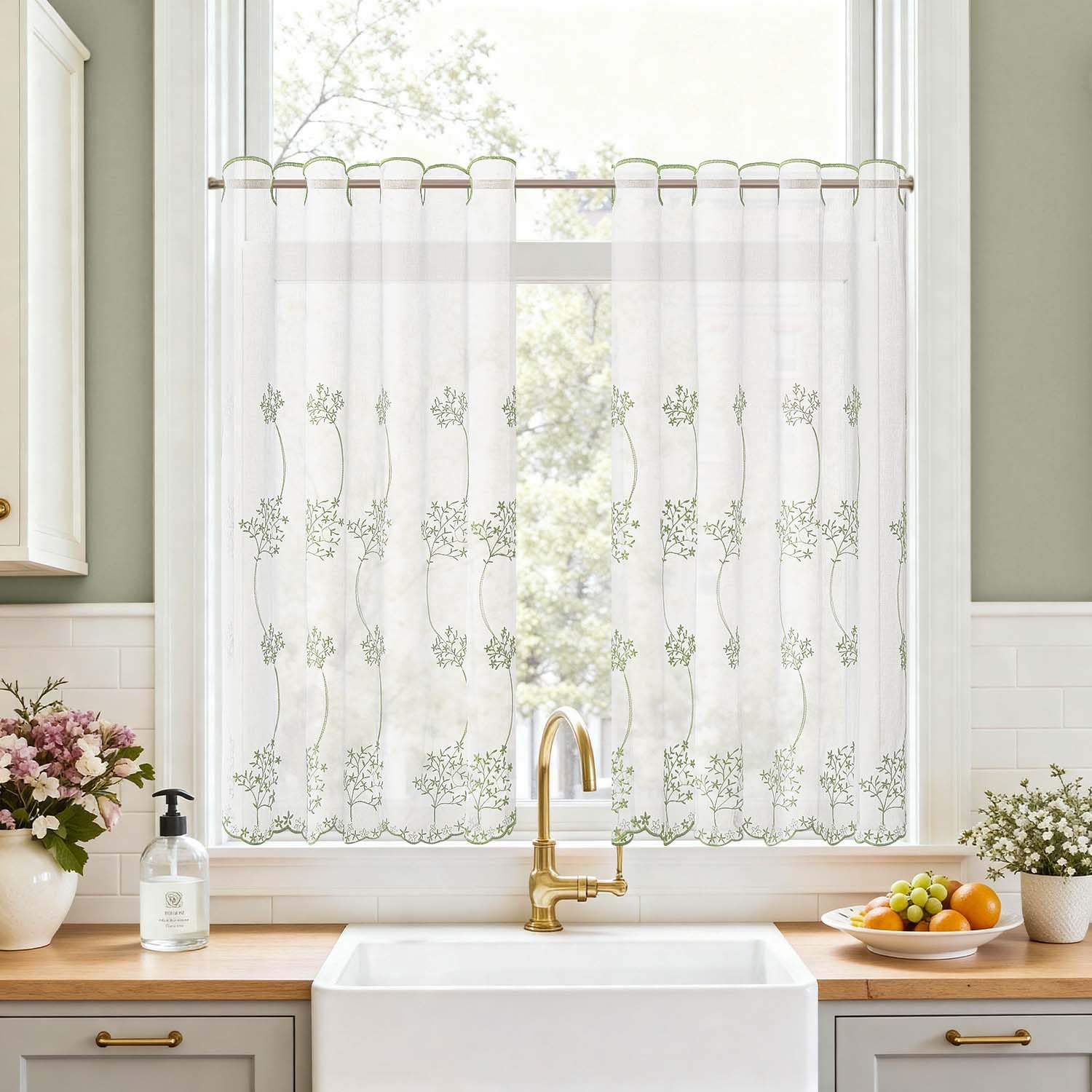 TOPICK Linen Net Kitchen Cafe Curtains, Green Floral, W36 xL36, 2 Panels — image 1