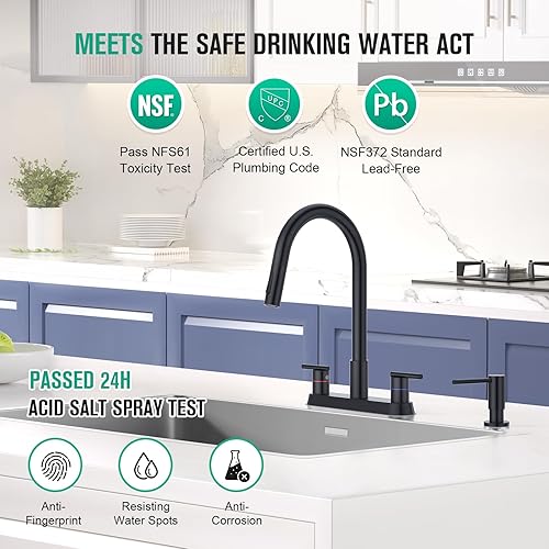 Miniatura 2 de CREA Grifos de cocina negros con rociador desplegable y dispensador de jabón, dos asas de 8 pulgadas, 4 agujeros, grifo de fregadero de barra para