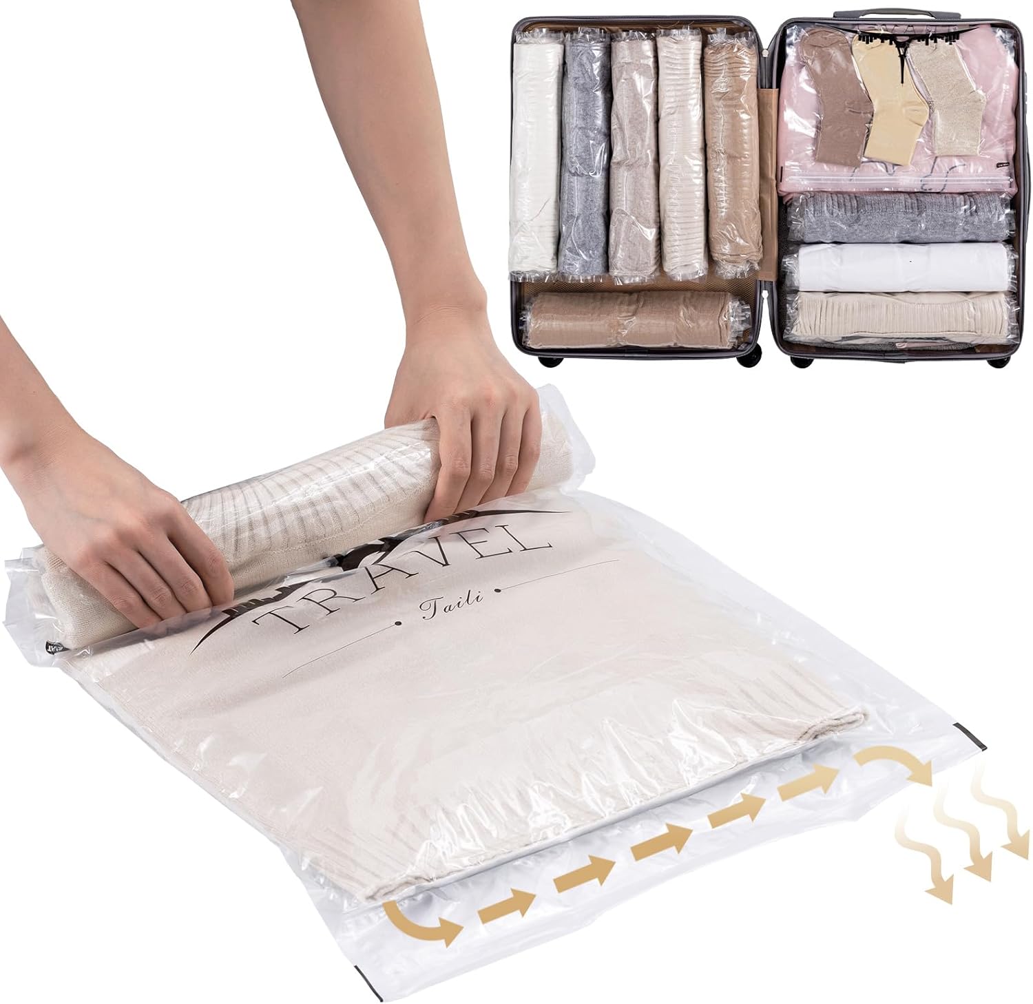 TAILI 12 Pack Travel Compression Bags, Roll Up Space Saver Bags (6 Large+6 Medium), No Vacuum Needed Reusable Packing for Luggage, Suitcase, Backpack, Travel Essentials, Clear 6M+6L Clear