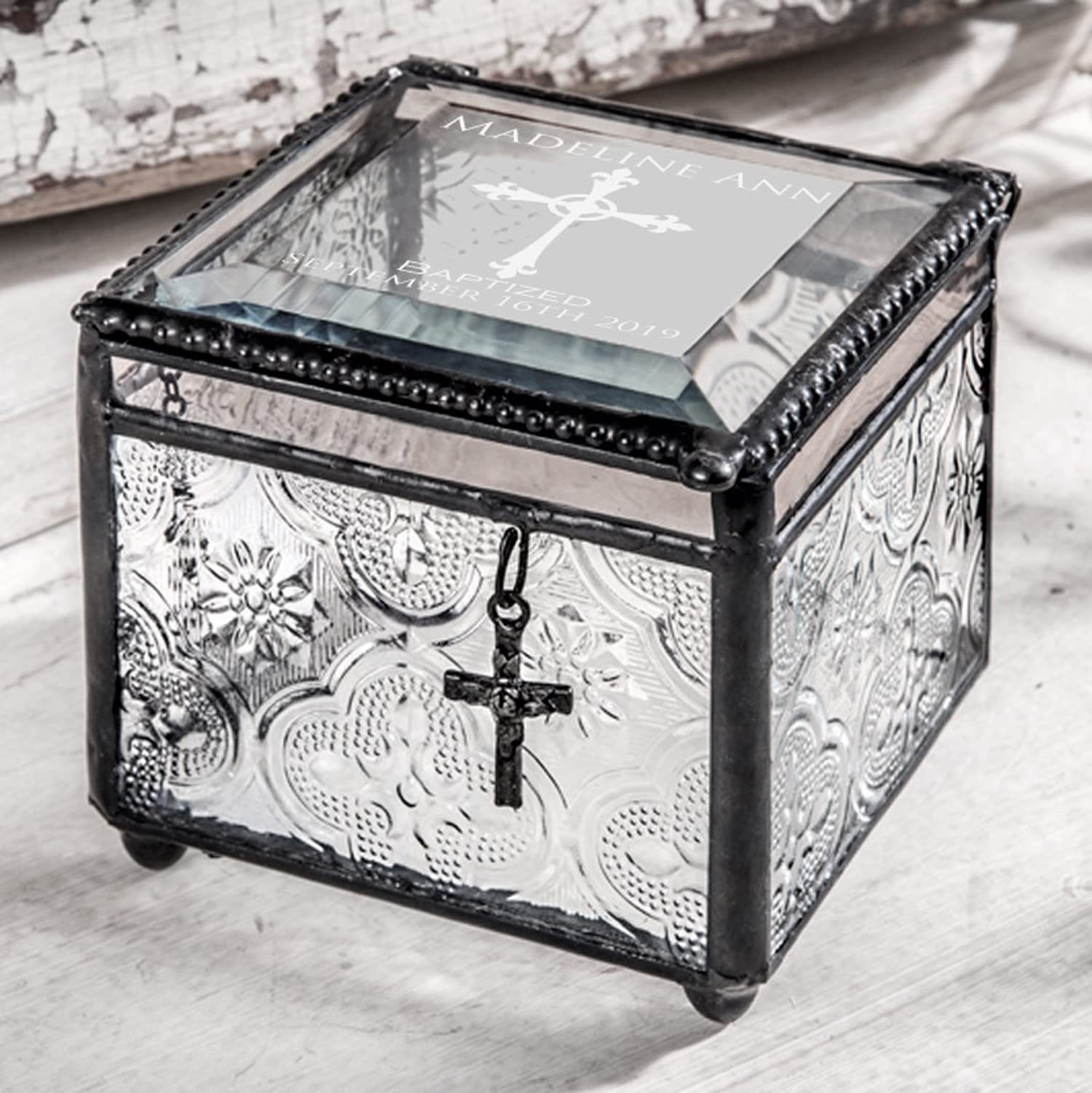 Baptism Gift Personalized Keepsake Custom Engraved Vintage Stained Glass Jewelry Trinket Rosary Case Christening Gift J Devlin Box 631 EB222