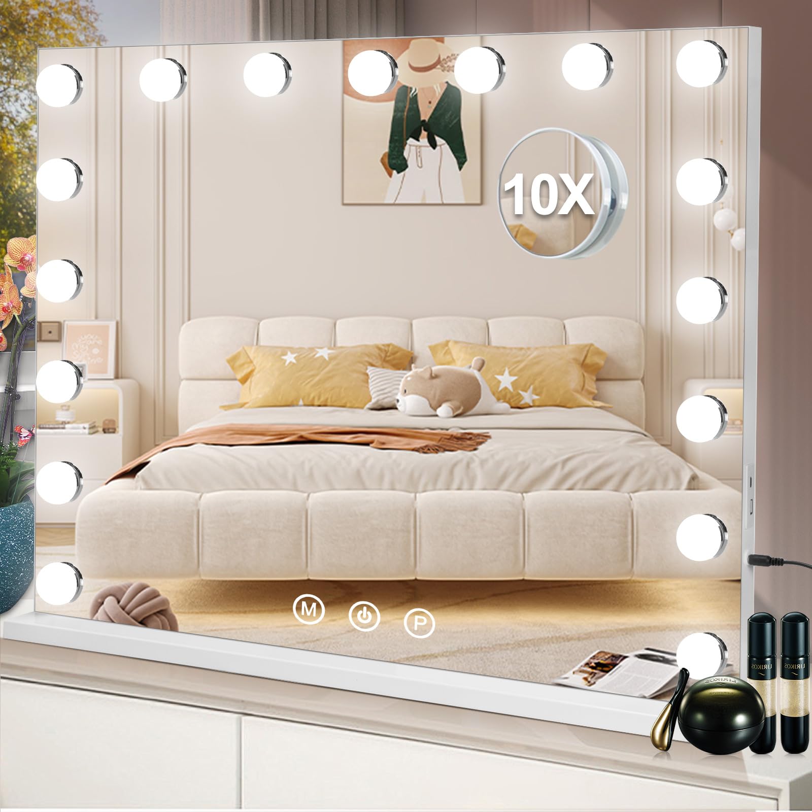 Saimeihome Espejo Tocador con Luz, 17 LED Regulables, 3 Modos de Luz, Espejo de Maquillaje Hollywood con Control Táctil, Memoria de Brillo, 80x60 cm