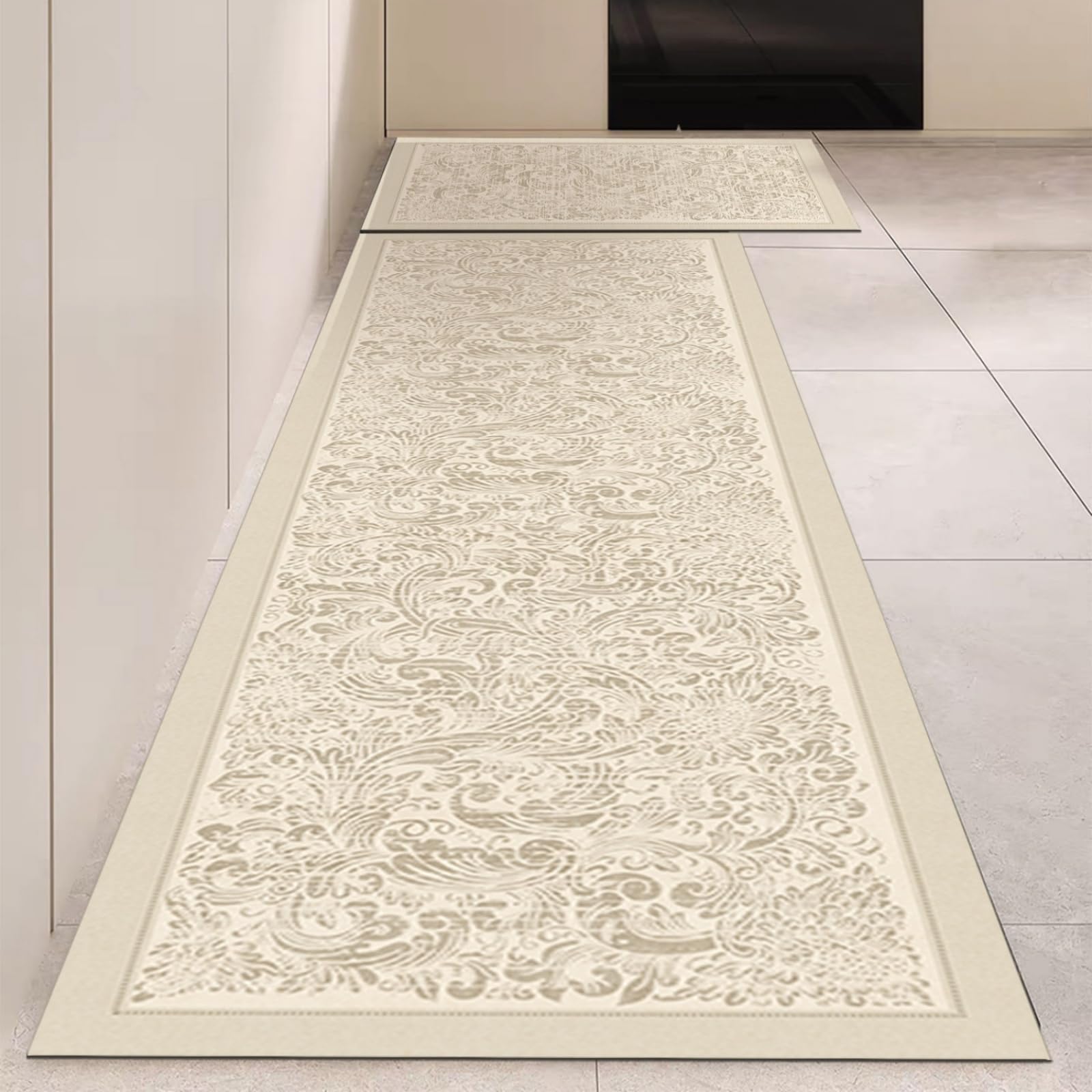 Tappeto Cucina 40X60Cm+40X120Cm Beige Astratto Tappeto Cucina Antiscivolo Lavabile Set Di 2 Pezzi,Tappetino Multiuso In Pelle,Comodità E Resistente,Per Ingresso,Camera,Bagno