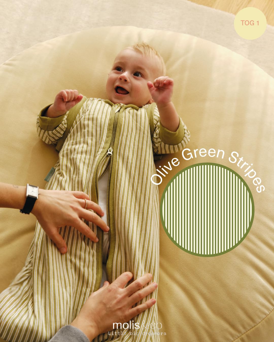 molis&co - Saco de Dormir para bebé 1.0 TOG con Mangas Desmontables - (0-6 Meses) - Ideal para Primavera y otoño - 100% algodón (Oeko-Tex 100) - Green Olive Stripes