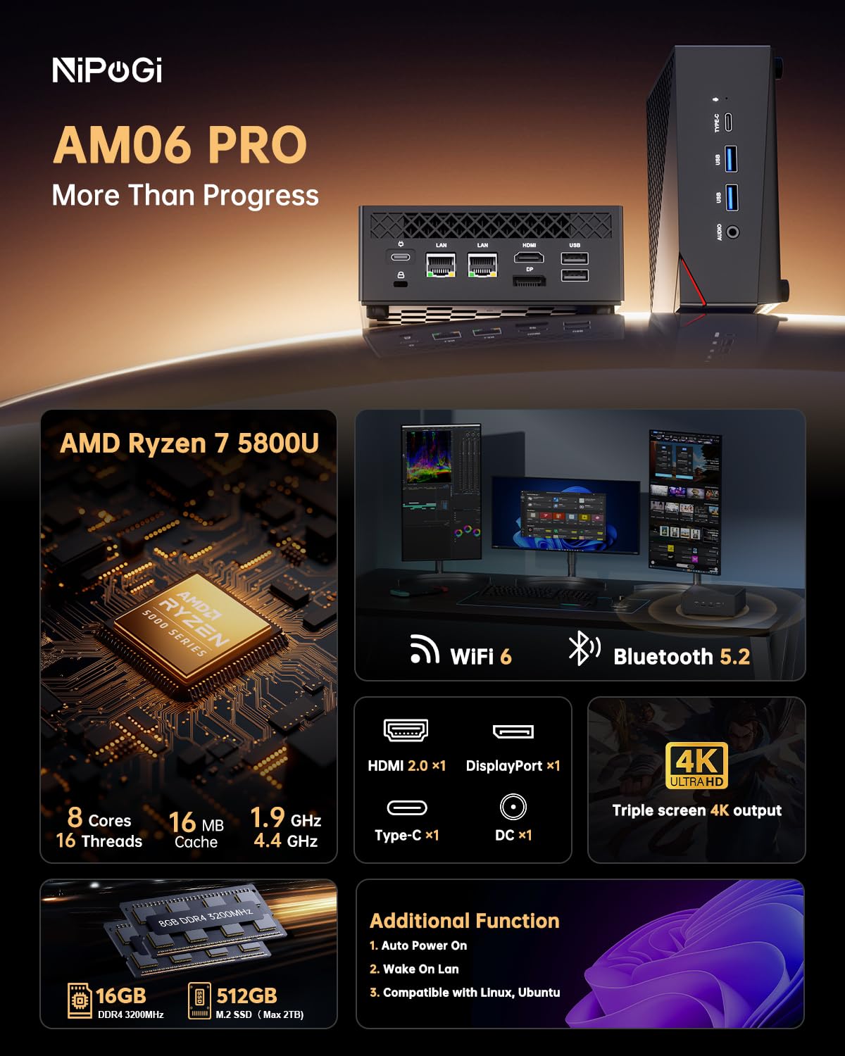 NiPoGi Mini PC Ryzen 7 5800U (Meglio di 5700U/5560U, 8C/16T, Fino a 4,4 GHz),16GB DDR4 512GB M.2 SSD Mini Computer WIFI 6/BT5.2/Dual LAN,4K@60Hz DP+HDMI+Type-C,AM06PRO Micro PC per Giochi/Ufficio