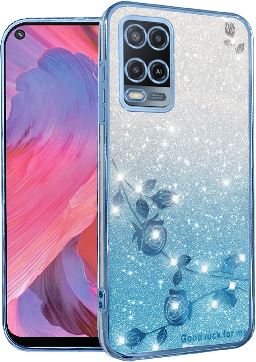 Phone Case for Oppo A54 4G Clear Glitter Floral, Cute Slim for Oppo A54 4G Case Silicone Shockproof Protective Women Girls Cover Sparkle Aesthetic (Blue)