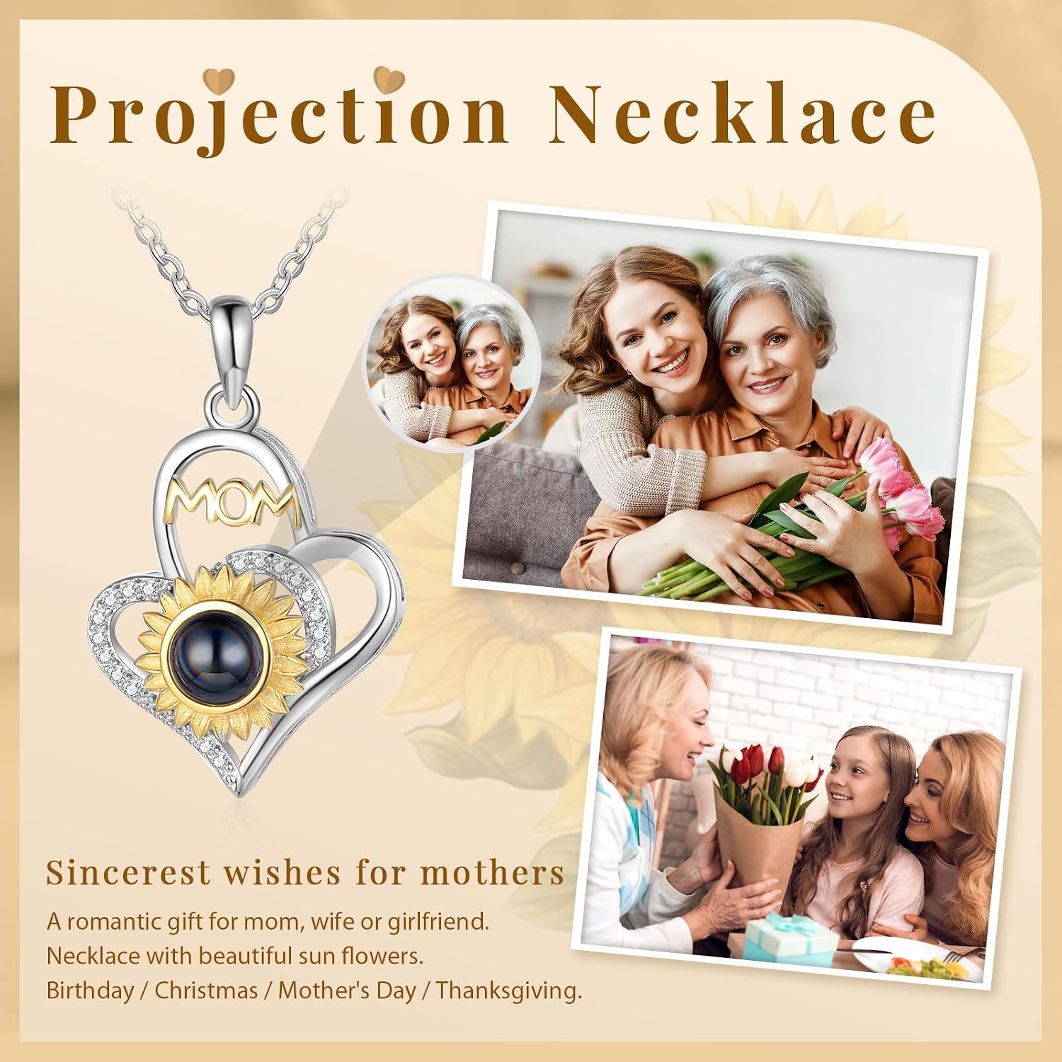 Nameinhea Projection Necklace with Picture Inside Custom Photo Sunflower Necklace for Women Memorial Necklace with Picture Mom Necklace