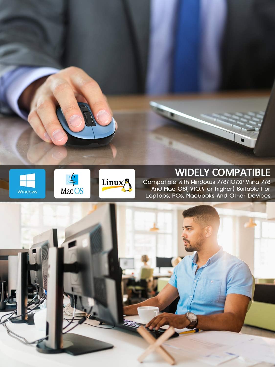 RATEL Wireless Mouse, 2.4G Wireless Ergonomic Mouse Computer Mouse Laptop Mouse USB Mouse 6 Buttons with Nano Receiver 3 Adjustable DPI Levels Cordless Wireless Mice for Windows, Mac