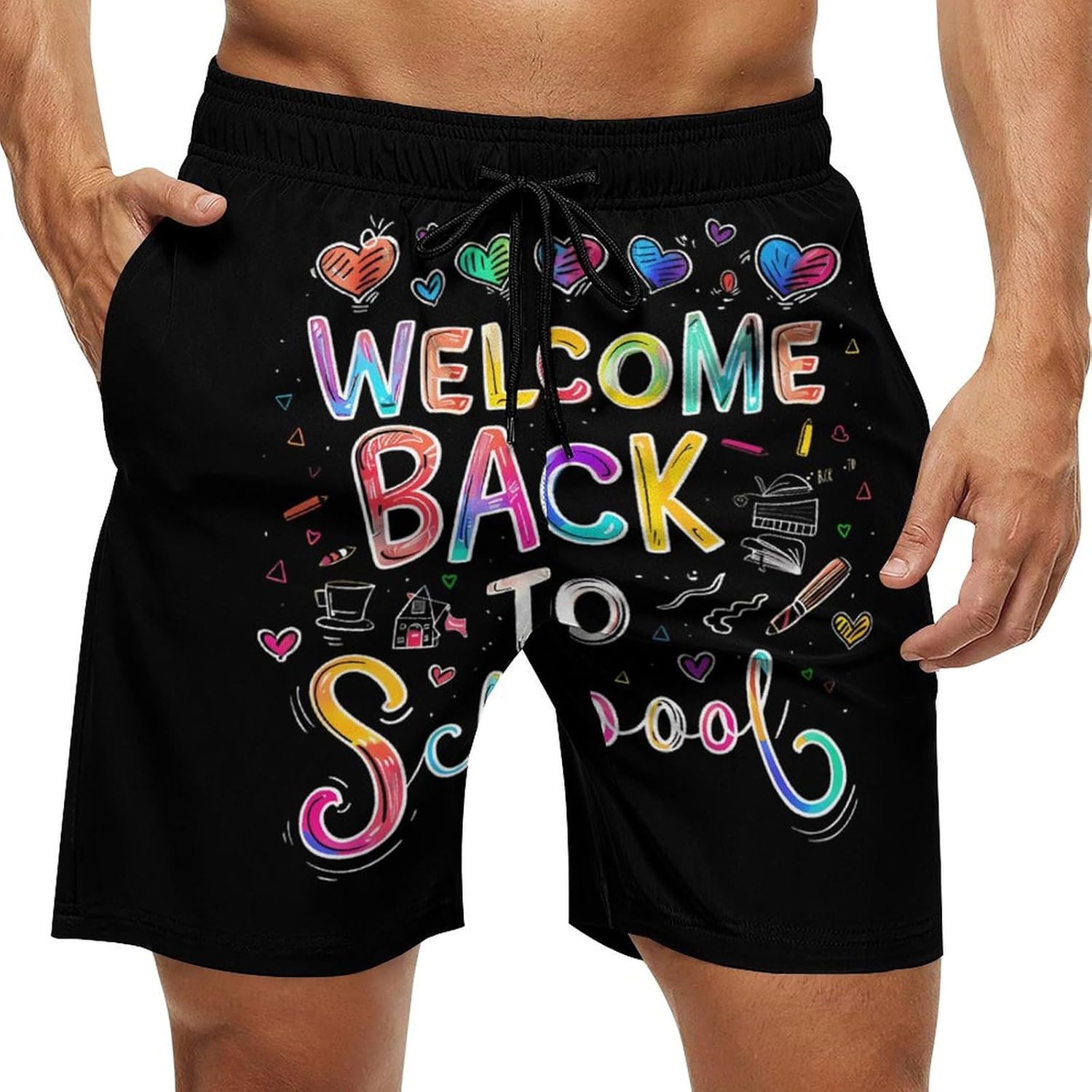 Welcome Back to School Casual Men's Swim Trunks Novelty Summer Beach Shorts Swimwear with Pocket