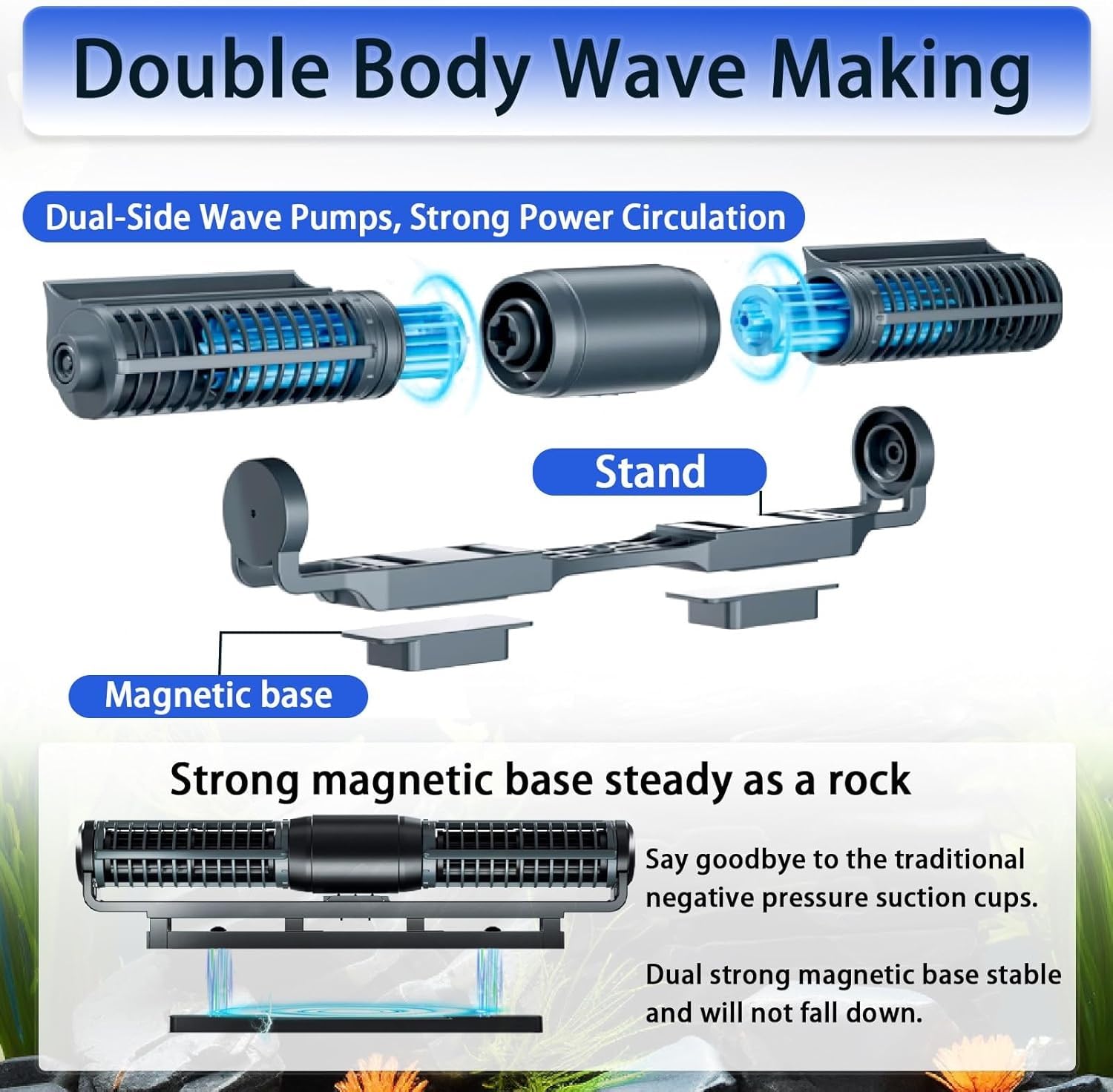 Aquarium Wave Maker, Magnetyczna głowica cyrkulacyjna wody, Regulowana pompa krzyżowa z kontrolerem wyświetlacza LCD, do akwarium słonowodnego i słodkowodnego(45W)