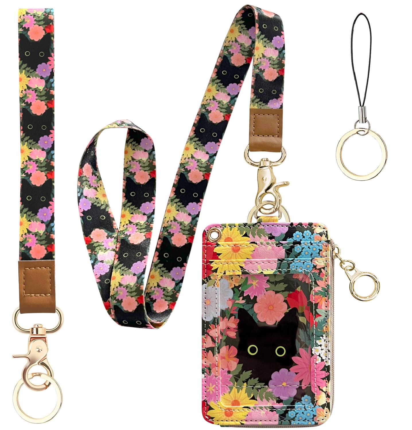 bolimoss Black Cat Flower Lanyard Wallet,Pu Leather Women Zid ID Case with Lanyards,Cute Neck & Wrist Lanyard Keychain for Women, Teacher, Nurse, Office Name Tag Badge Holder ID Card Holder