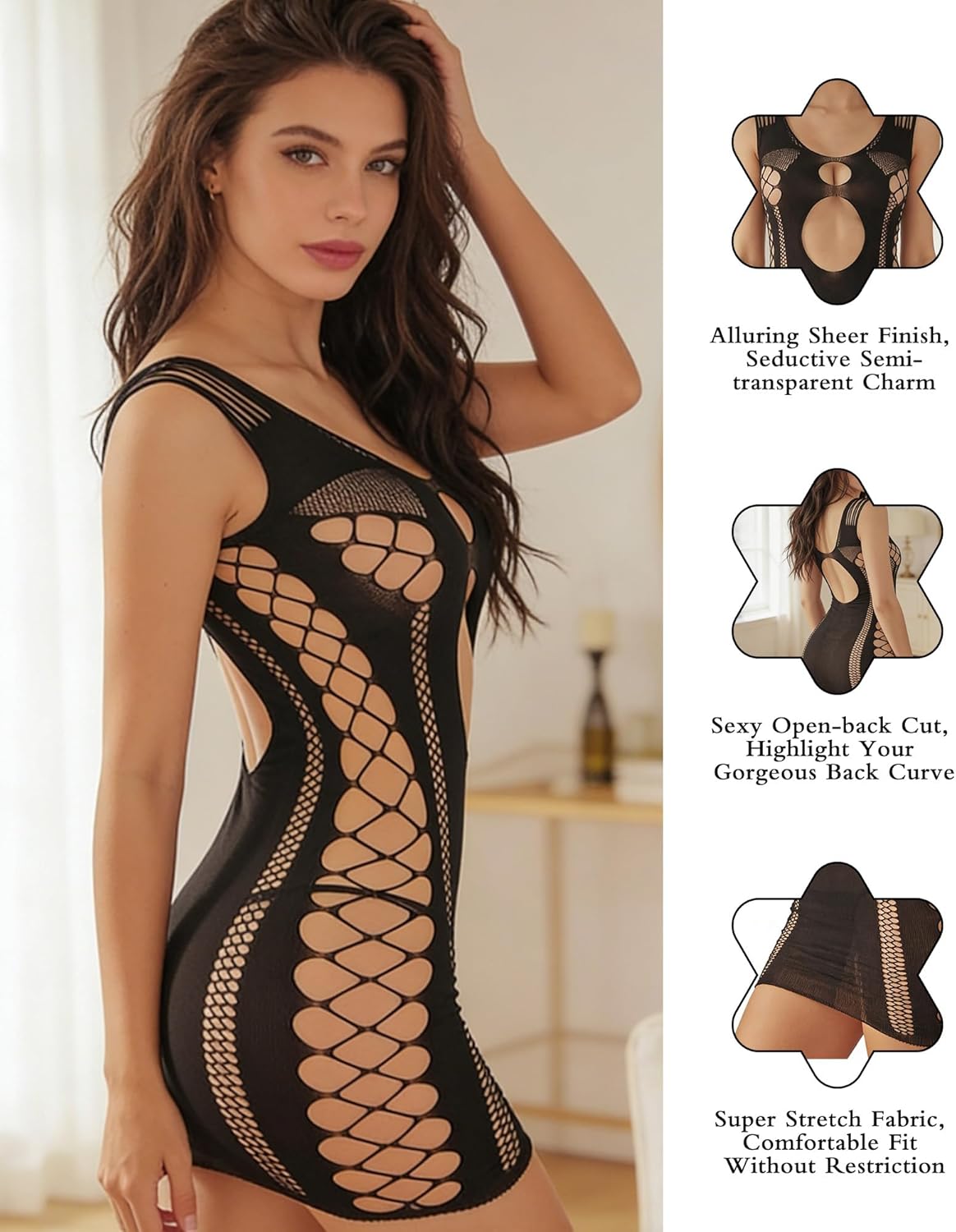 Lingerie Fishnet Dress Mesh Fishnet Bodysuit See Through Chemise, Dress Lingerie for Women, Perfect for Women under 150lb - Image 2