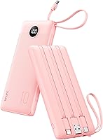 VRURC 10000mAh Power Bank with Built-in Cables for iPhone 16/15/14/13, Samsung Galaxy - Compact Pink Travel Charger