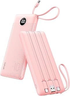 – VRURC Portable Charger 10000mAh, Slim LED Display Power Bank, 5 Output 2 Input Cell Phone Battery Pack, Built-in Micro & USB C Cables Phone Charger Compatible with iPhone,Samsung,Android etc-Pink