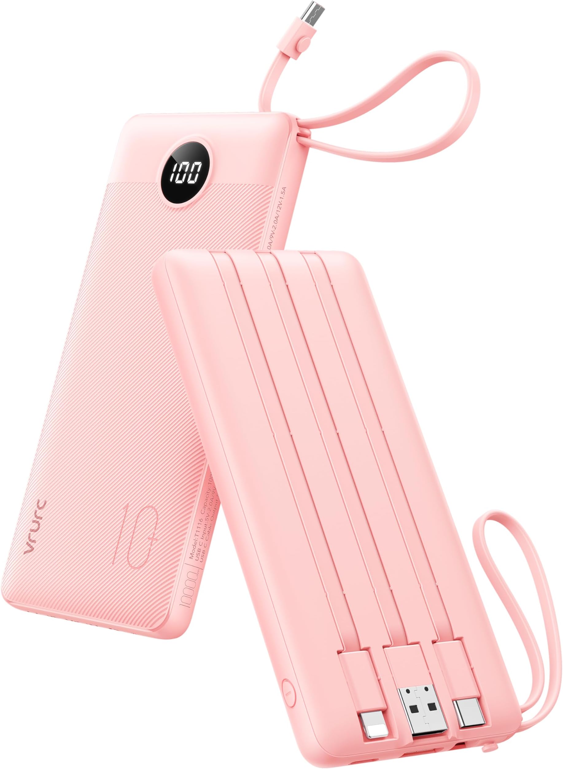 – VRURC Portable Charger 10000mAh, Slim LED Display Power Bank, 5 Output 2 Input Cell Phone Battery Pack, Built-in Micro & USB C Cables Phone Charger Compatible with iPhone,Samsung,Android etc-Pink