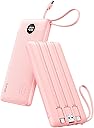 VRURC Portable Charger Power Bank, 10000mAh Travel Essentials Battery Pack, 5 Outputs 2 Inputs Slim Charging Bank Built-in Cables Cords Wires Compatible with iPhone,Samsung,Android-Pink(1 Pack)