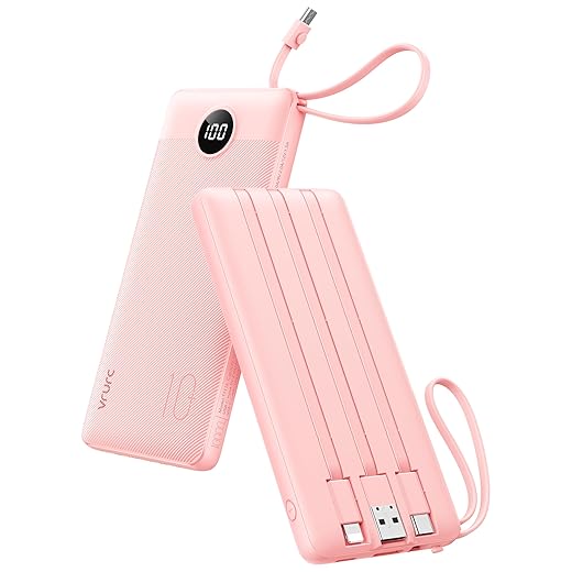 VRURC Portable Charger Power Bank, 10000mAh Travel Essentials Battery Pack, Compact Charging Bank Built-in Cables Cords Compatible with iPhone 17 Pro 17 16 15 14 13, Samsung Phones-Pink(1 Pack)