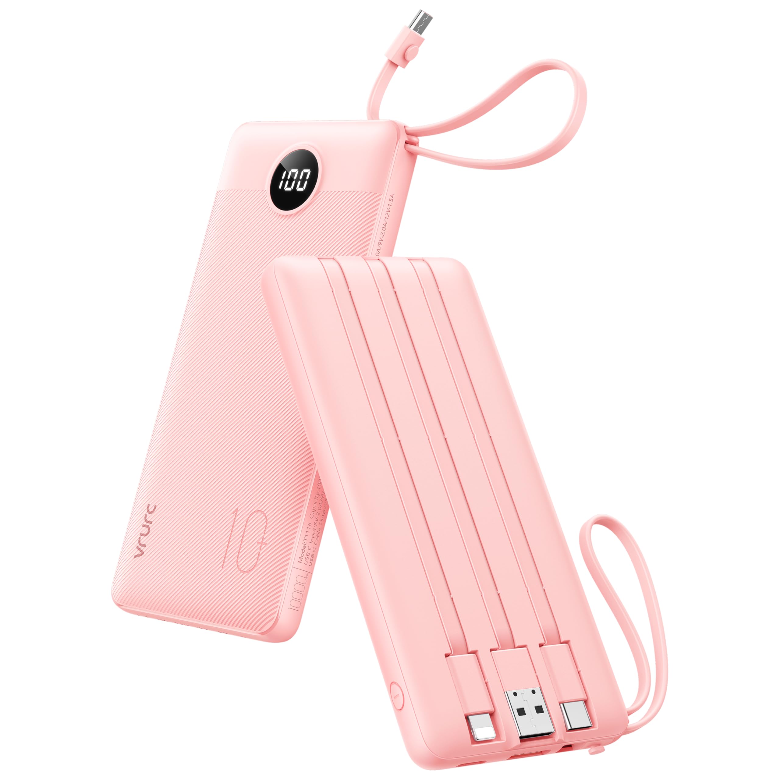 VRURC Portable Charger Power Bank, 10000mAh Travel Essentials Battery Pack, 5 Outputs 2 Inputs Slim Charging Bank Built-in Cables Cords Wires Compatible with iPhone,Samsung,Android-Pink(1 Pack)