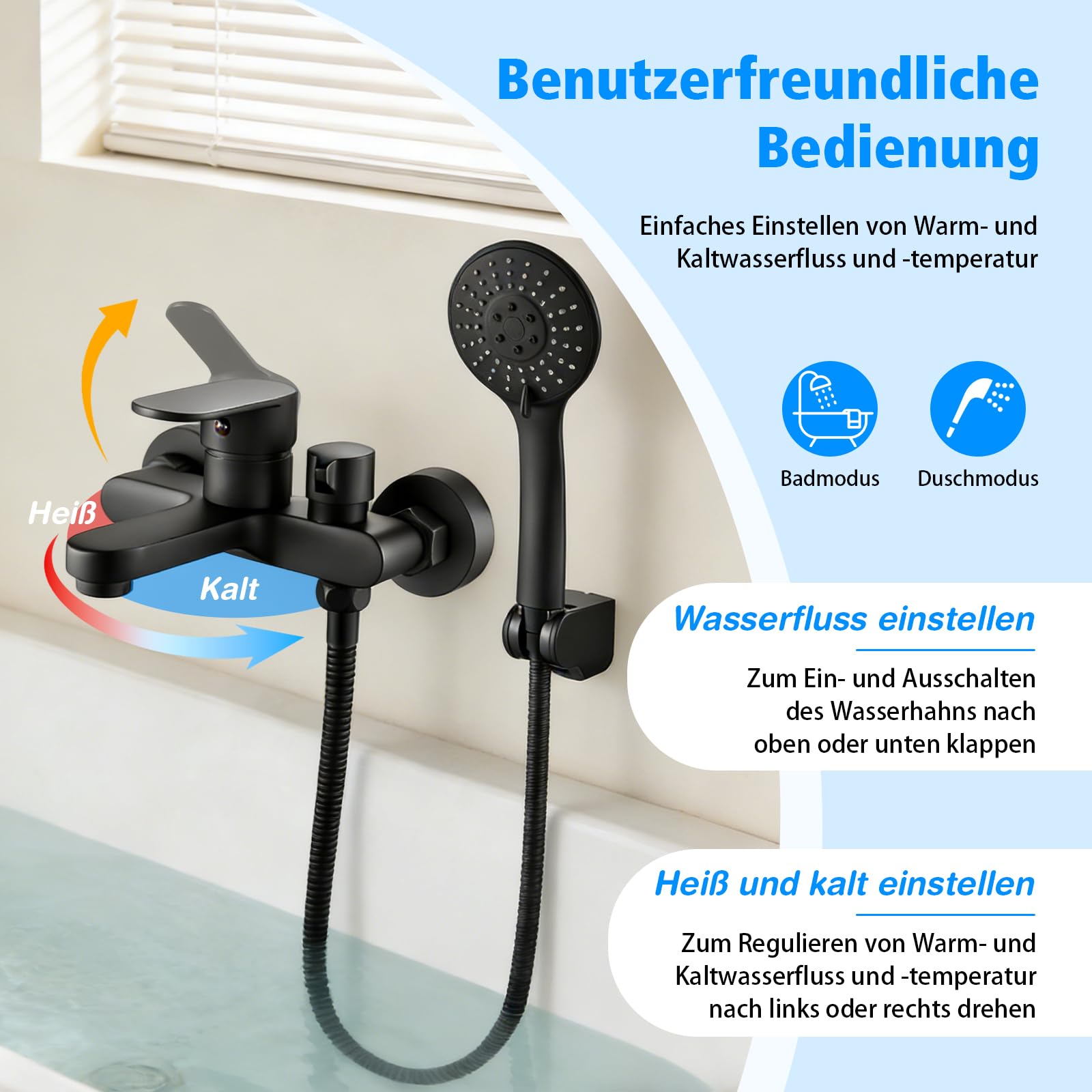 Grifo para Bañera y Ducha con Alcachofa de Mano | Mezclador Monomando de Latón Montado en La Pared, Alcachofa de Mano 3 Modos con Manguera de Acero Inoxidable 1.5m y Soporte