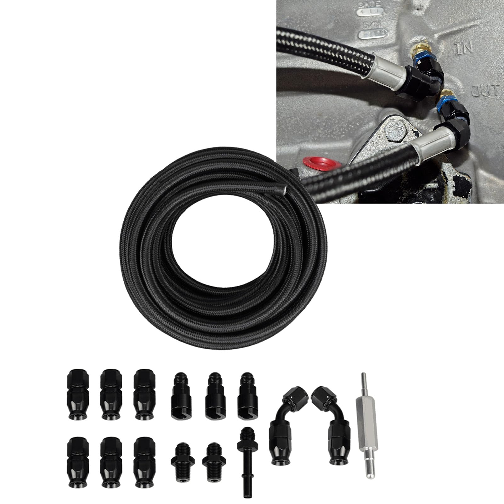 Juego de accesorios de línea de combustible 6AN de 3/8 pulgadas, PTFE y manguera de tubería de combustible de goma, juego adaptador de manguera de combustible a prueba de fugas con conectores