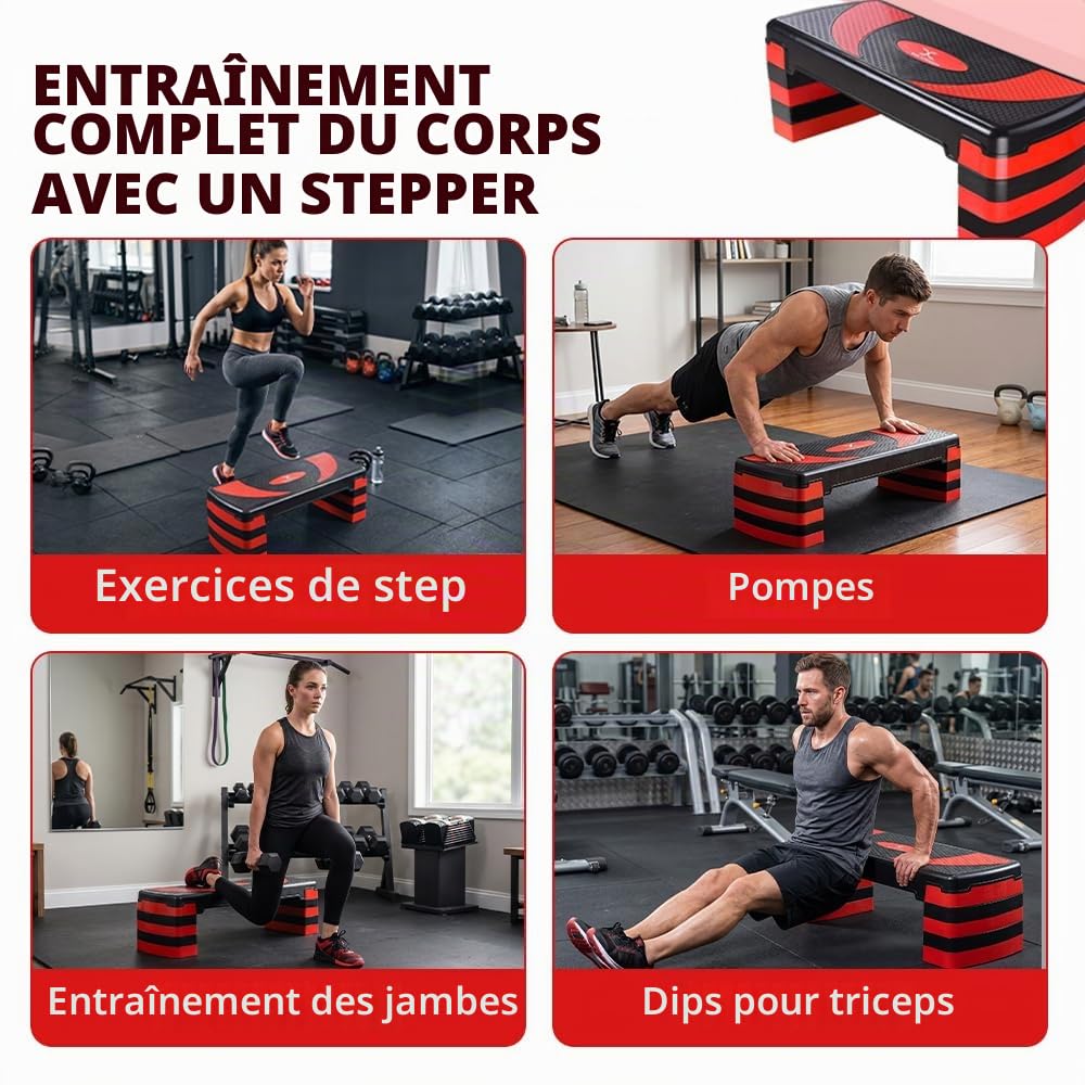 MAXSTRENGTH Stepper de fitness pour exercice d'entraînement 5 niveaux de hauteur réglables 10 cm, 15 cm, 20 cm, 25 cm, 30 cm, plate-forme antidérapante pour exercices d'aérobic, d'endurance, de