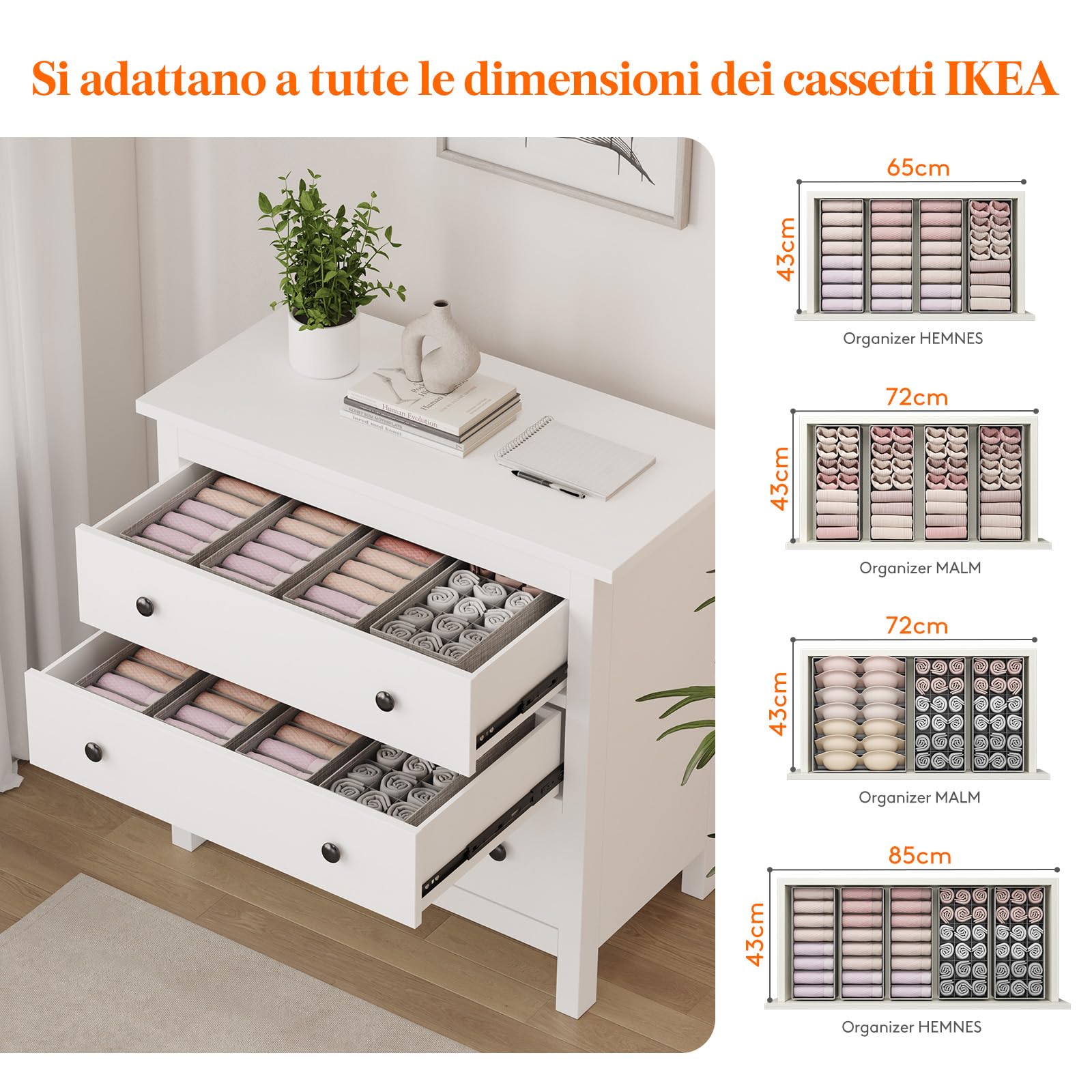 Lifewit Set di 12 Organizer Cassetti per Cassettiera HEMNES, Divisori per Cassetti Pieghevole, Scatole Portaoggetti, Cassetti Armadio per Biancheria Intima, Vestiti Bambini, Calzini, Cravatte, Grigio