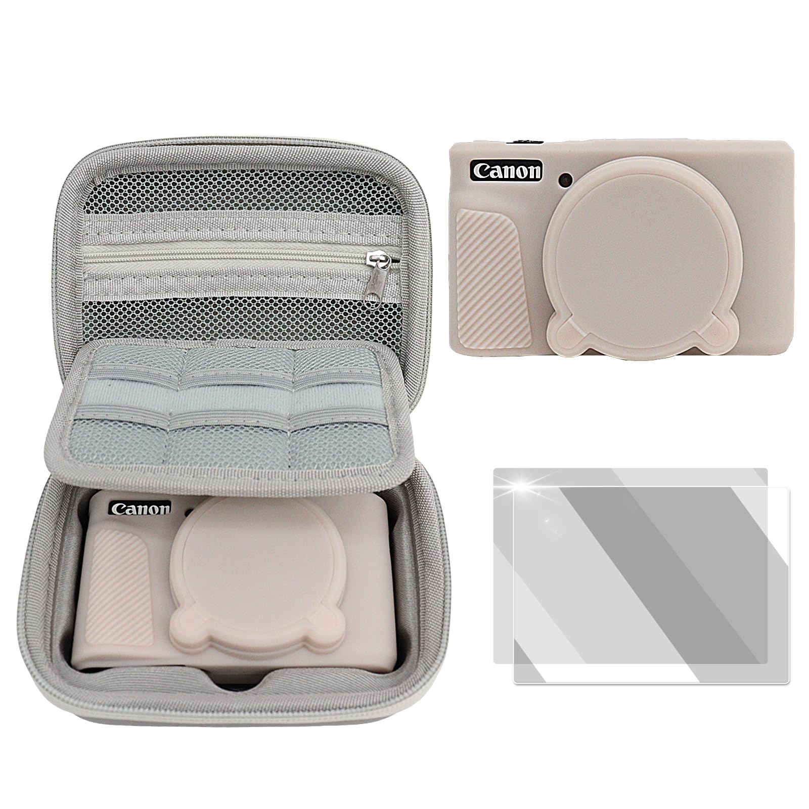 VOVMOEYA Custodia per fotocamera PowerShot SX730/SX740 HS, sx730/740 hs, kit di accessori, custodia rigida in EVA + custodia protettiva in silicone morbido + 2 pellicole temperate LCD, Grigio/rosa