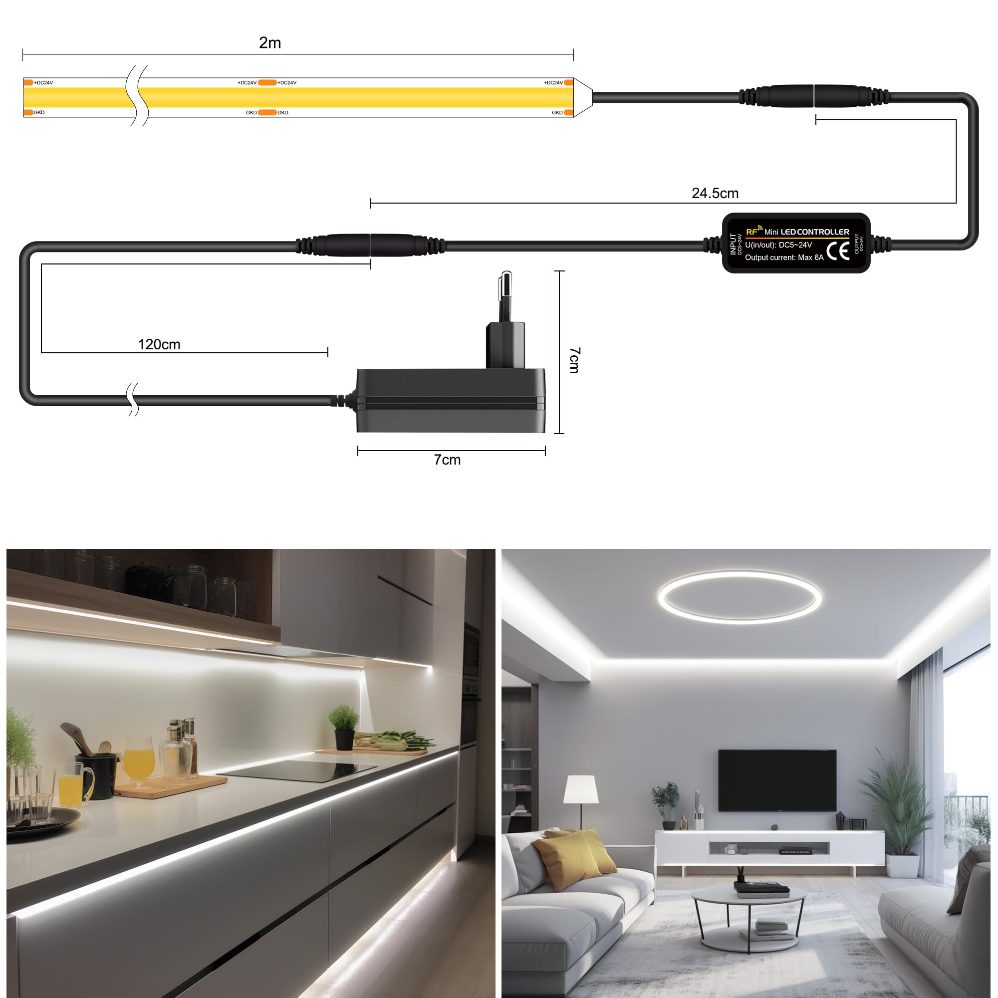 TTWAY Striscia LED COB 2 Metri, Striscia LED 6000K con Alimentatore e Telecomando, DC24V, 480LEDs/M, CRI 90+, larghezza 8mm, Striscia led 2 Metri Bianca Freddo per la Decorazione della Camera da Letto