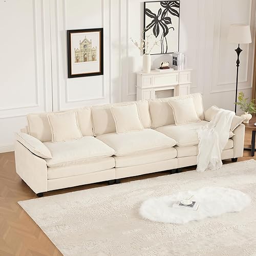 Miniatura 23 de Sofá seccional modular beige de 111.5", sofás seccionales grandes de 3 plazas para sala de estar, tela de chenilla marfil blanquecino, sofá nube de