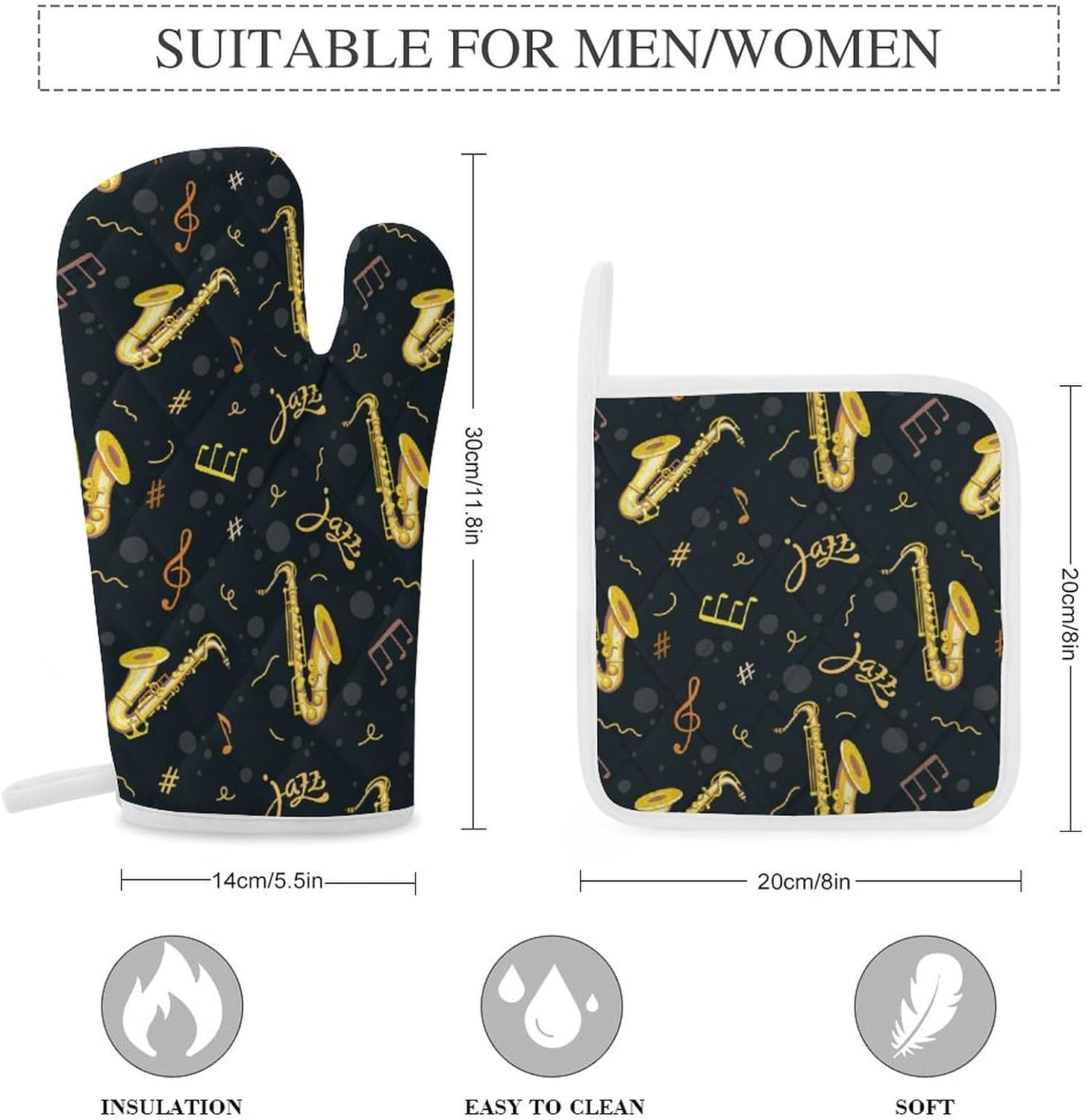 Saxophones Print Oven Mitts and Pot Holders 3 Piece Sets Heat Resistant Gloves Hot Pads Potholders for Kitchen Baking Cooking
