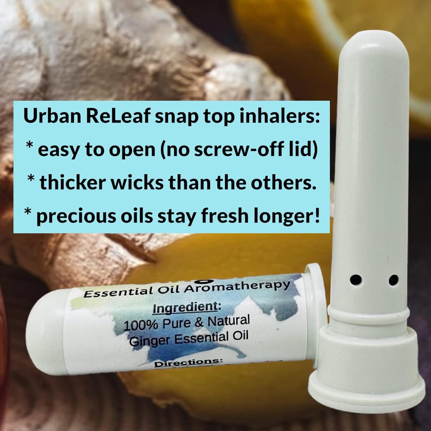 Urban ReLeaf Ginger Essential Oil Aromatherapy Nasal Inhalers, Set of 2 — Pure Undiluted Spice Oil, Easy Open Snap Top. Made in USA. Alcohol-Free. No Mess. Pocket Size.