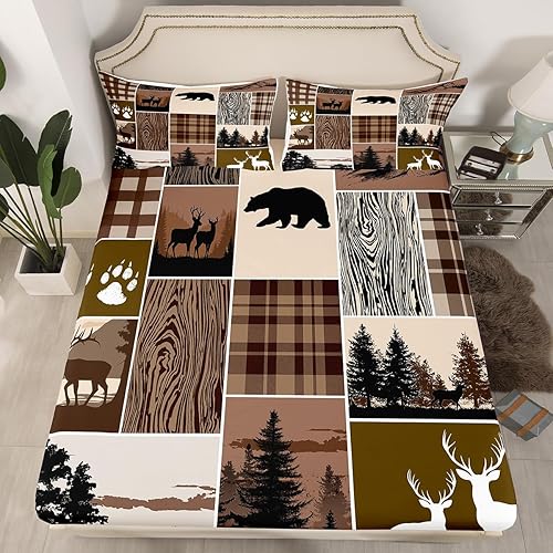 Miniatura 294 de Sábana bajera ajustable de oso de caza, juego de ropa de cama a cuadros de búfalo, sábanas de retazos de cabaña rústica para niños, niños, Multi