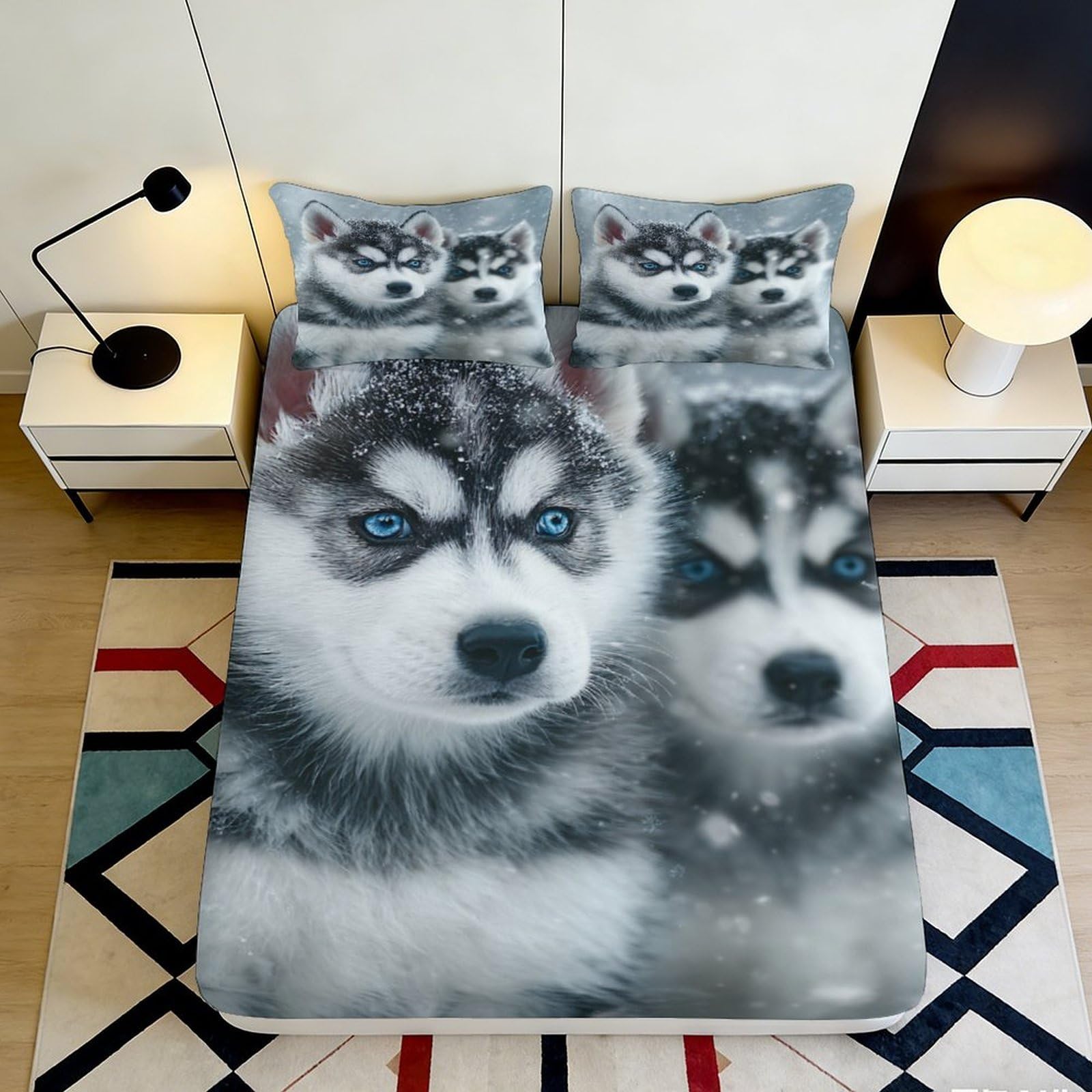 3D Printed Husky Dogs Fitted Sheet Microfiber Soft Breathable Snow Puppy Mattress Cover for Bedroom Dormitory Guest Room Mattress Protection Decor 140x200x25cm