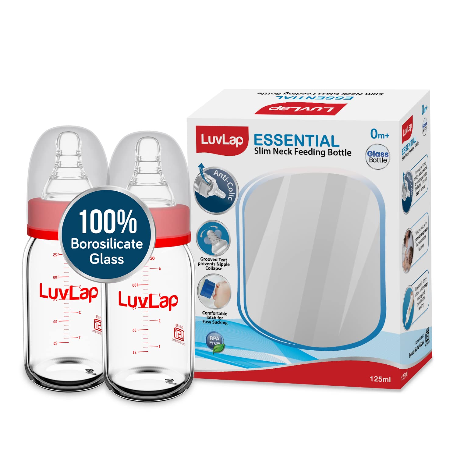 Luv Lap Essential Slim Neck Glass Feeding Bottle, 125ml, 3m+/Babies Upto 3 Years, Made of Borosilicate Glass, BPA Free, Ergonomic Shape is Easy to Hold, with Anti Colic, Pack of 1, White & Red
