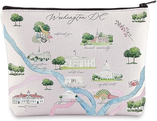 WZMPA Bolsa de cosméticos con mapa de la ciudad de Washington DC, regalo de recuerdo de viaje, bolsa de maquillaje con cremallera para familiares y