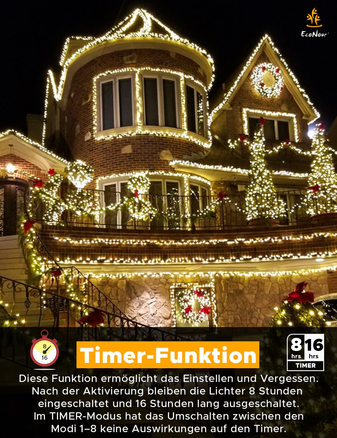 EcoNour Cluster-Lichterkette mit 2000 LEDs – 6 Stunden Leuchtdauer, 8 Lichtmodi, Netzanschluss, wasserdicht, für den Innen- und Außenbereich – 2000 LEDs / 25 m Leuchtlänge, Warmweiß