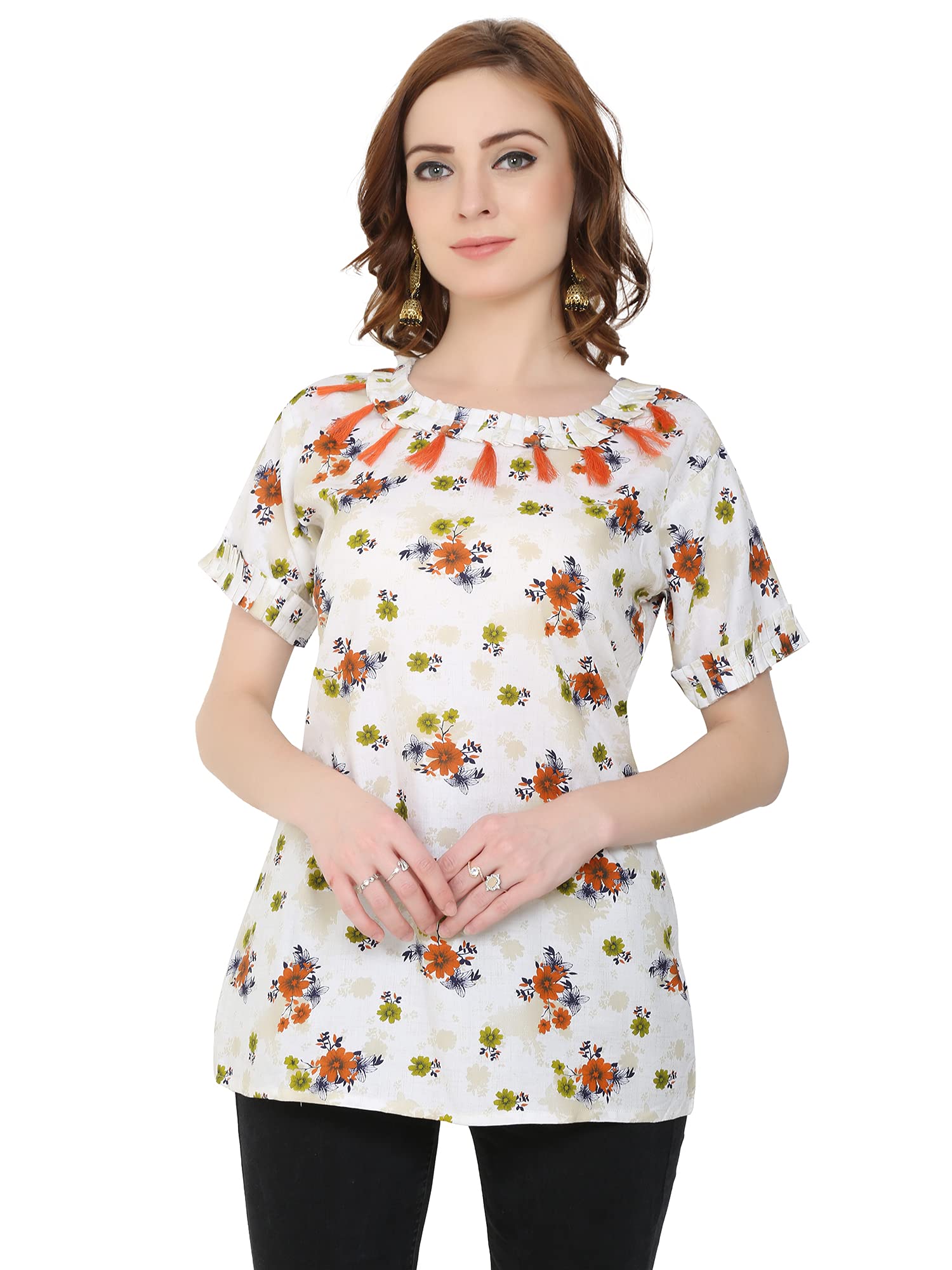 kushalmangal Women's Round Neck Rayon Flower Print Top (Free Size) (Orange)-picture-49