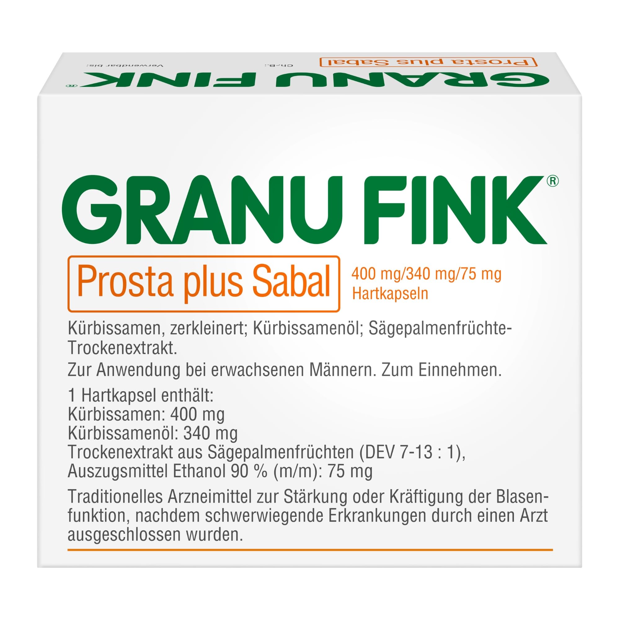 GRANU FINK Prosta plus Sabal – Prostata-Kapseln zur Stärkung des Prostata-Blasen-Systems – mit Uromedic Kürbis und Sägepalme – made in Germany – 60 Hartkapseln