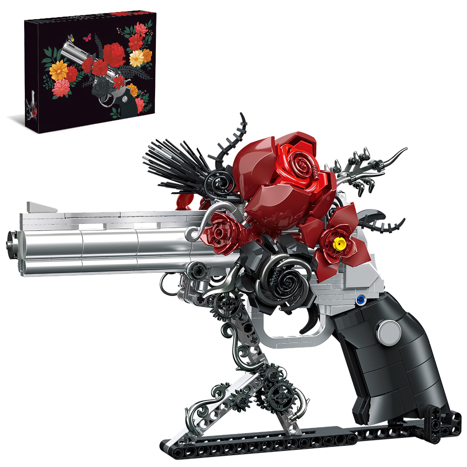 GHQYTPR Guns & Petals Decorative Revolver Building Blocks with Red Roses Gothic Rose Revolver Building Kit Gothic Style Display Piece Creative Gift for Adults Teens 631 PCS