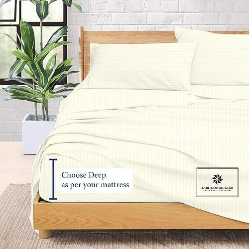 Miniatura 4 de Juego de sábanas de algodón Pima peruano de 1000 hilos, 4 piezas, se adapta a bolsillos de hasta 14 a 16 pulgadas de profundidad (rayas, marfil)
