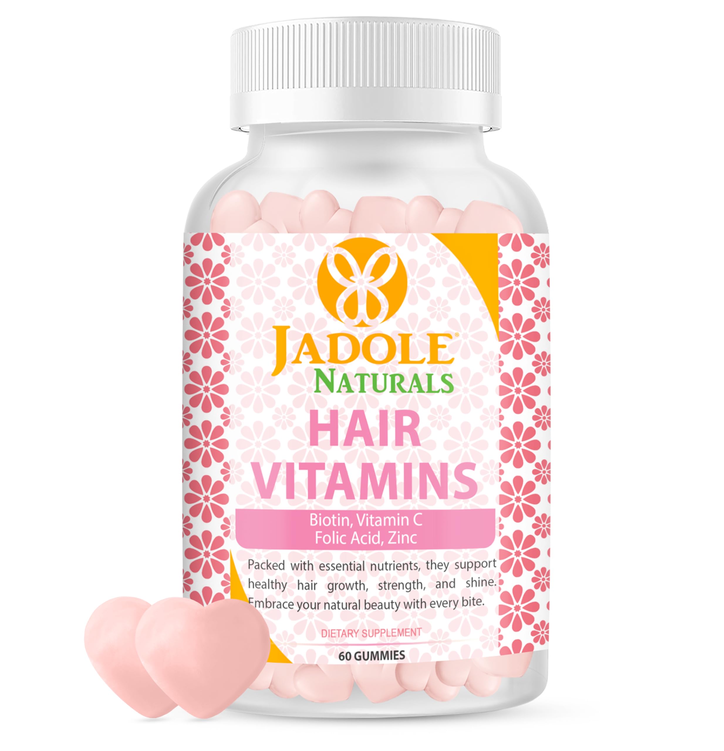 Jadole Naturals Hair Vitamins 60 Gummies with Biotin 5000 mcg, Vitamin C, Folic Acid & Zinc | Supports Hair Growth & Reduces Breakage, Healthy Skin & Nails, Multivitamins & Essential Nutrients, Vegan