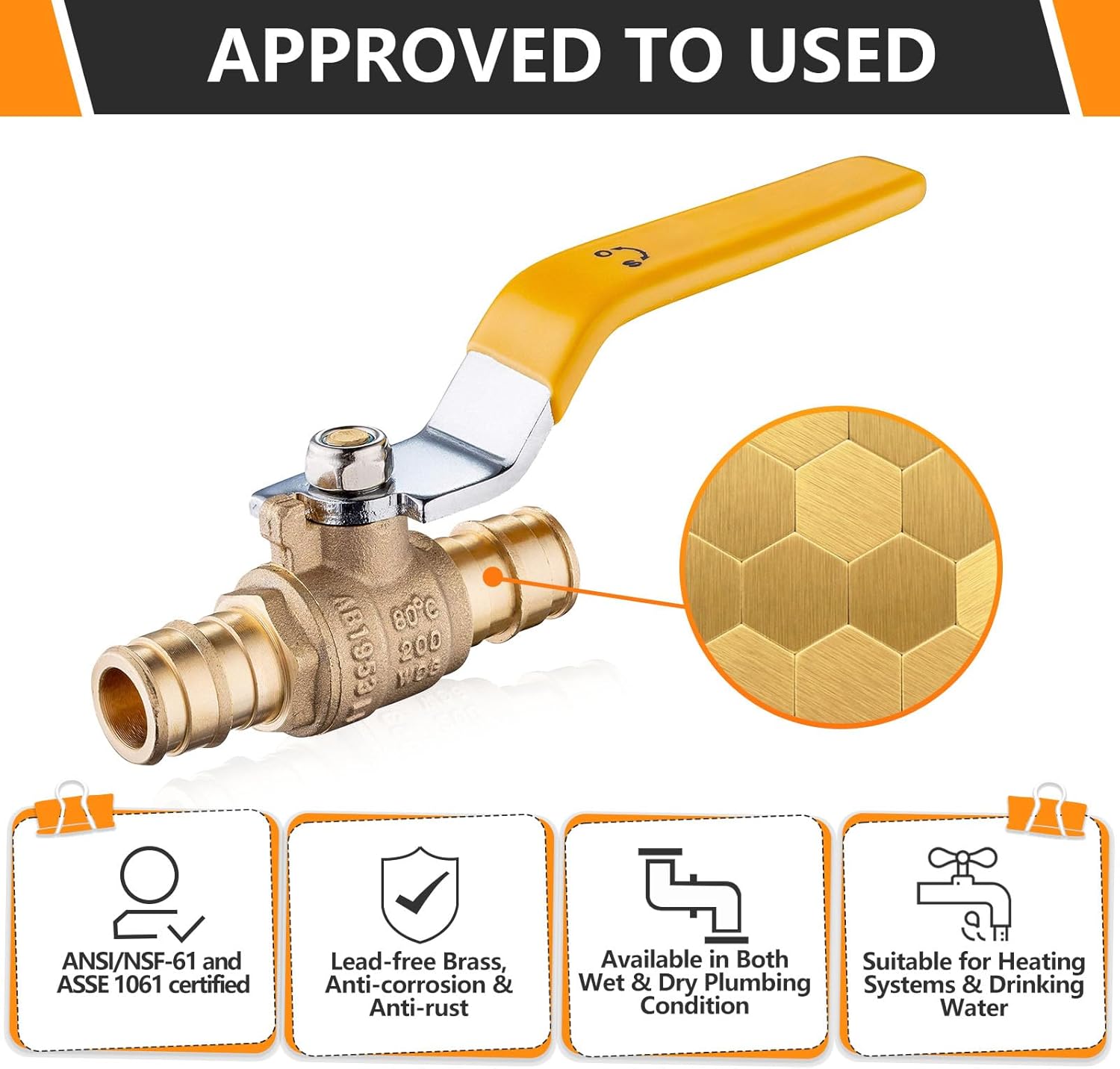 10 PCs HeSun PEX A Expansion Ball Valve, 1/2-Inch Brass Shut Off Valve for Hot and Cold Water, Fit PEX-A Expansion Pipe, ASTM F1960, Yellow(VALVE151)
