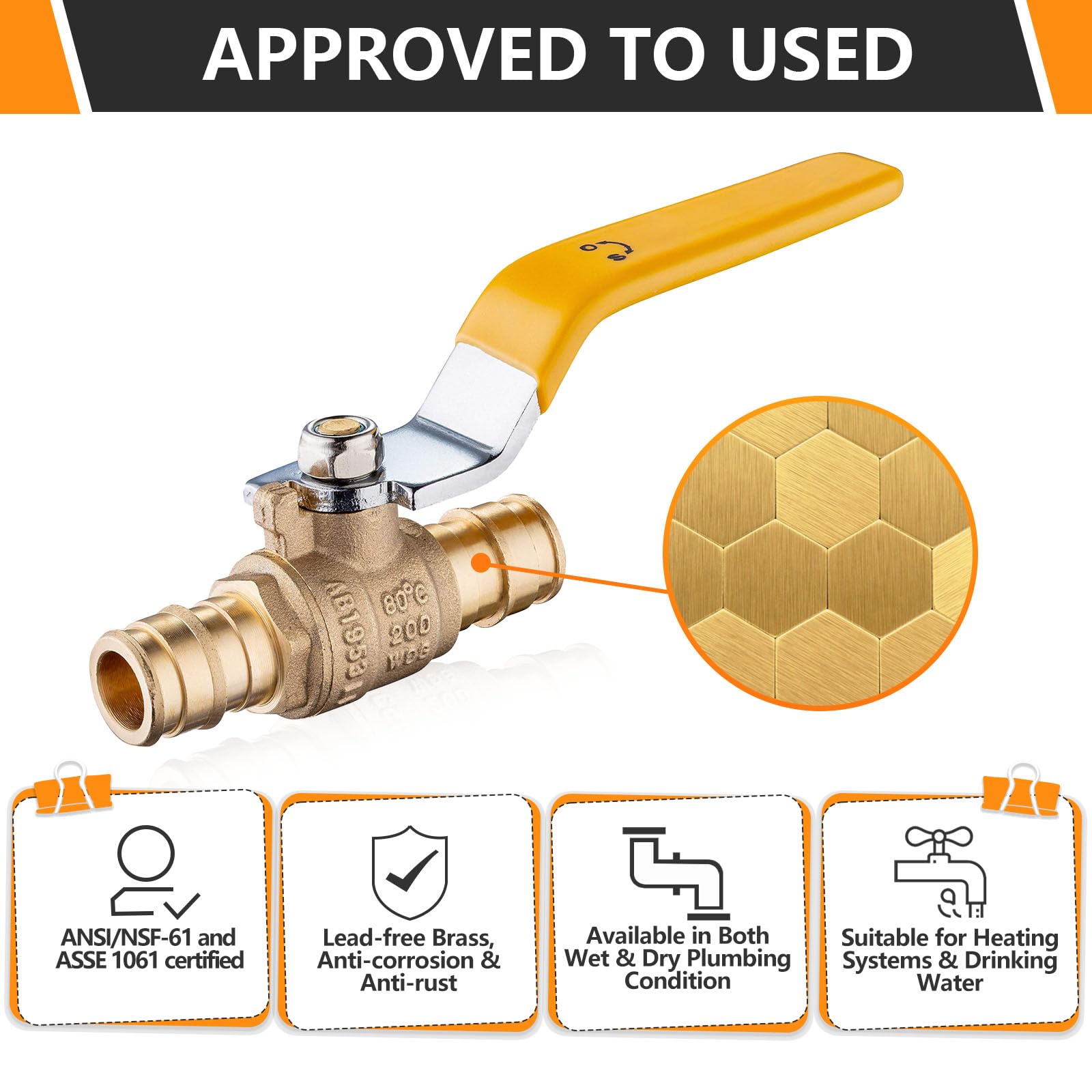 HeSun 10 válvulas de bola de expansión PEX A, válvula de cierre de latón de 1/2 pulgada para agua caliente y fría, compatible con tubo de expansión PEX-A, ASTM F1960, amarillo