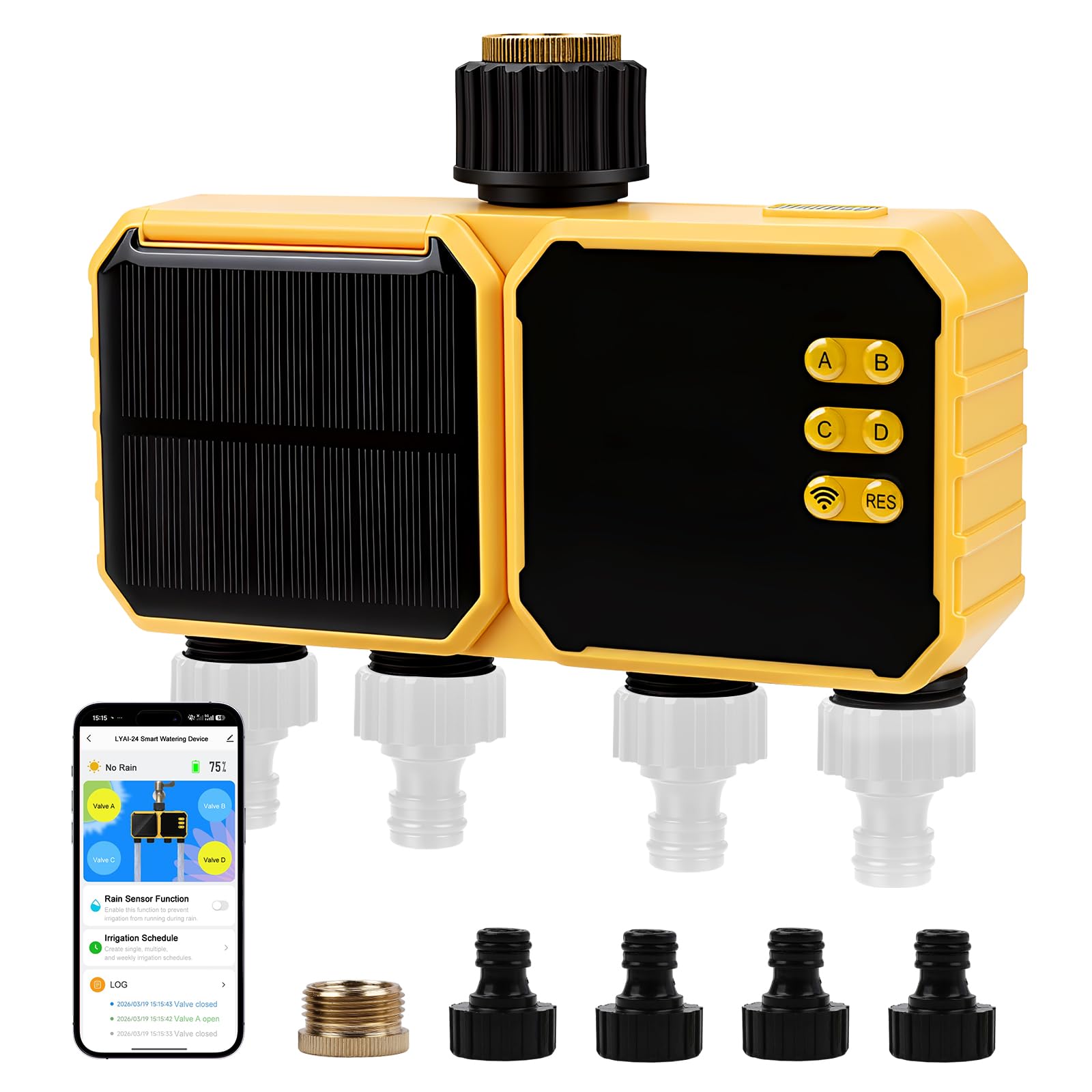 Nikou WiFi Solar Irrigation Timer with Rain Sensor APP Remote Control Water Controller USB-C Rechargeable for Garden Drip Sprinkler System